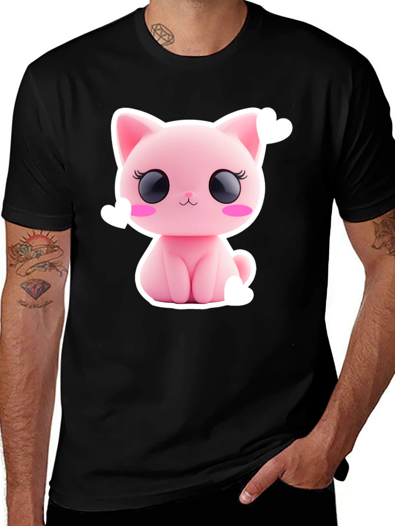 Cute Pink Kitty Graphic Tee - Black