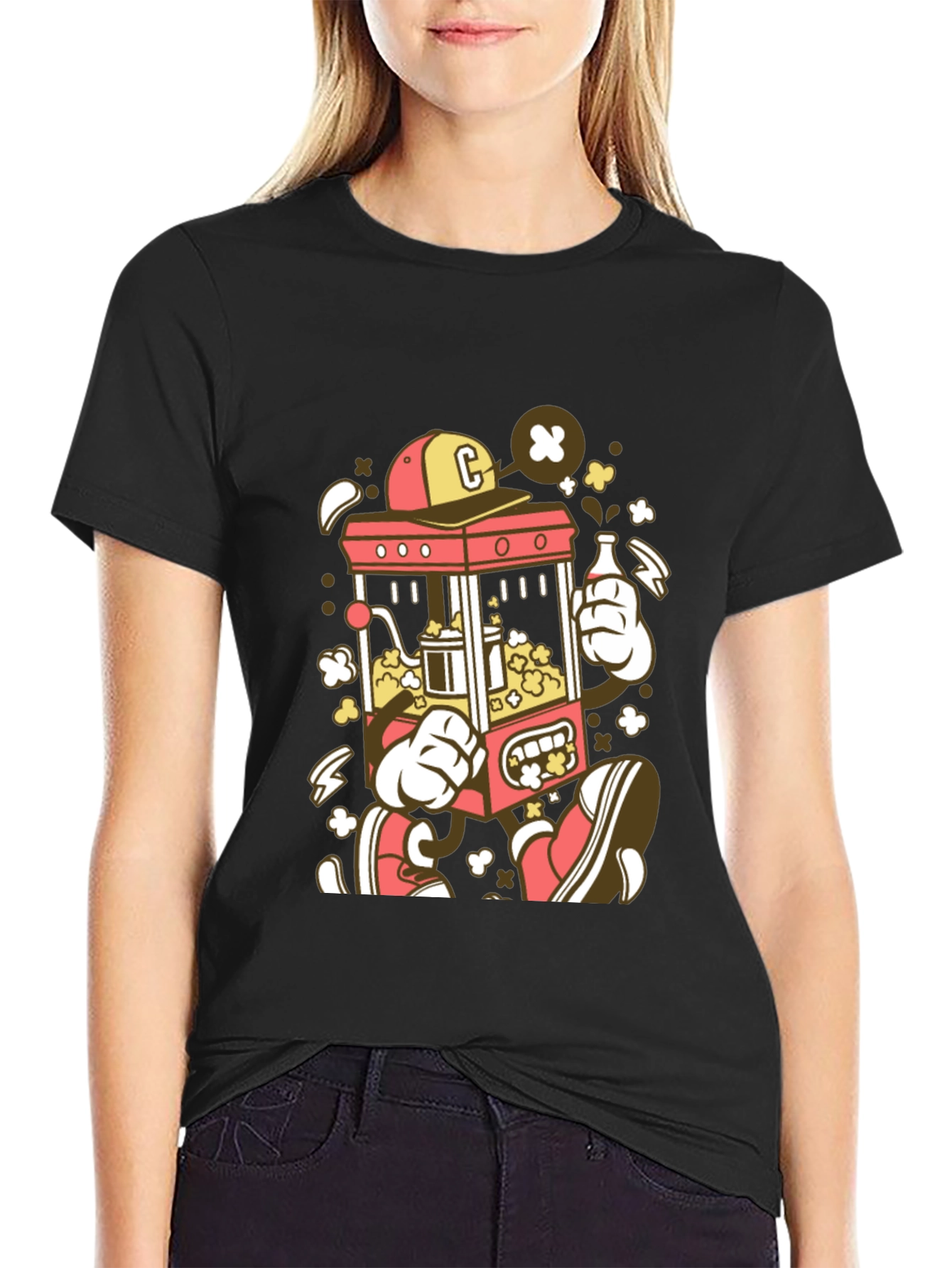 Cartoon Popcorn Machine Graphic T-Shirt