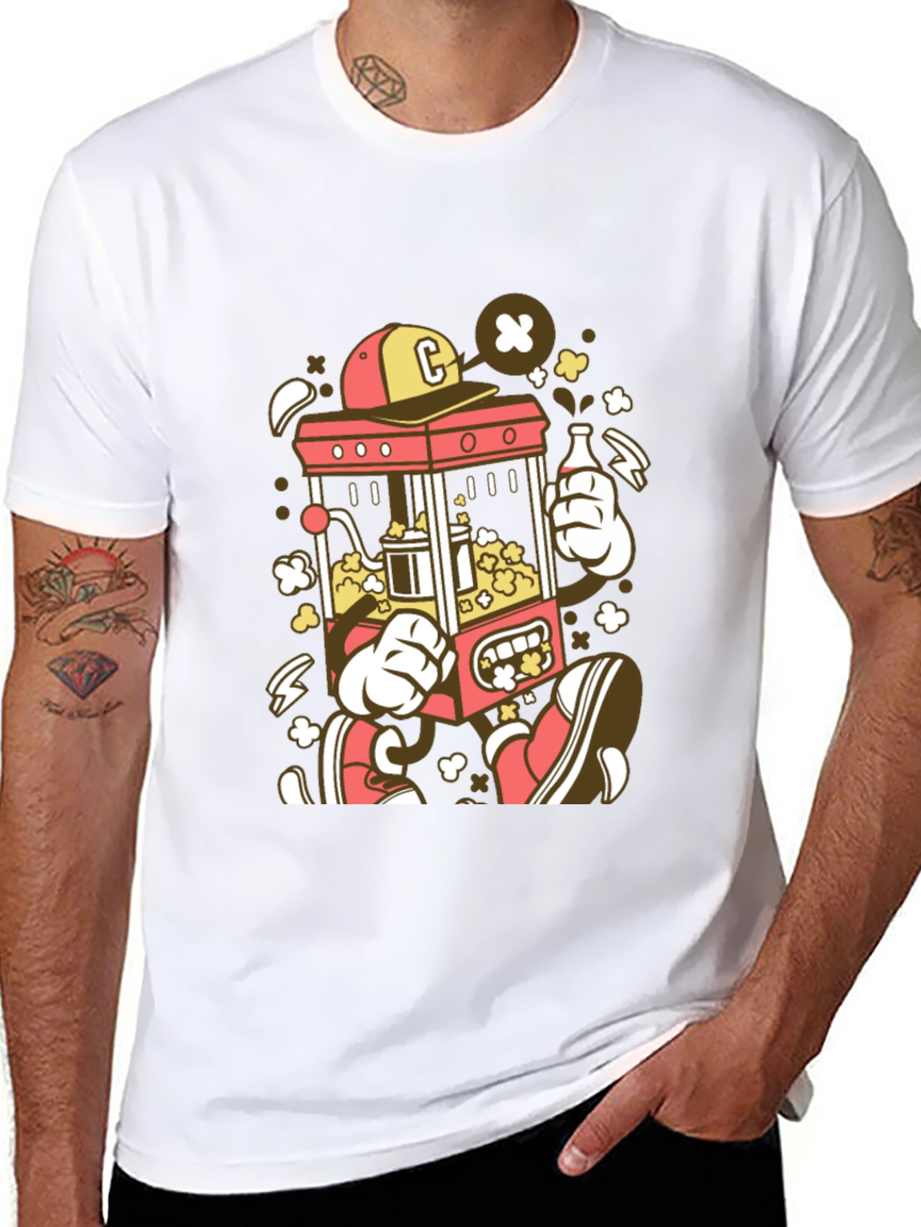 Cartoon Popcorn Machine Graphic T-Shirt