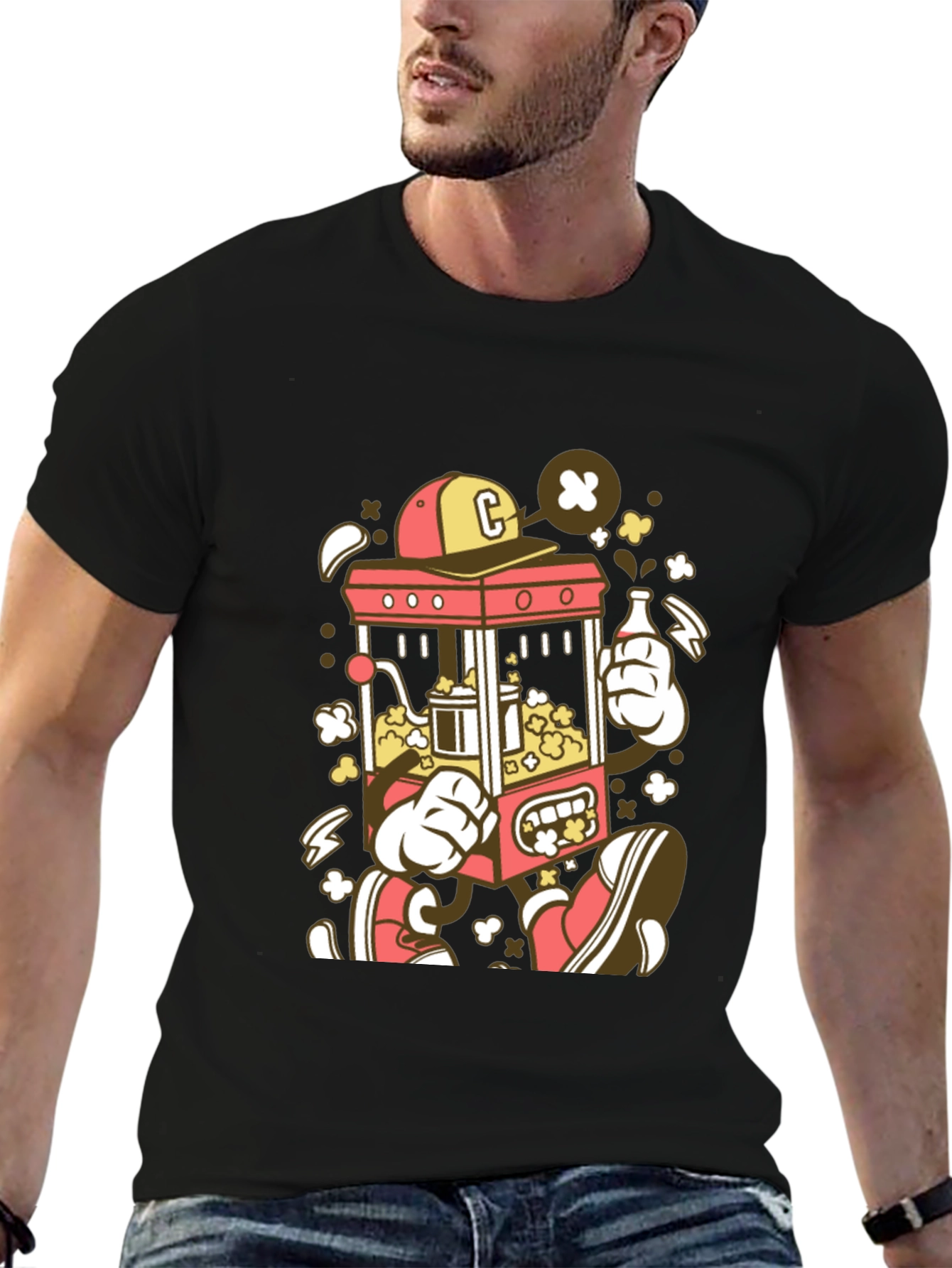 Cartoon Popcorn Machine Graphic T-Shirt