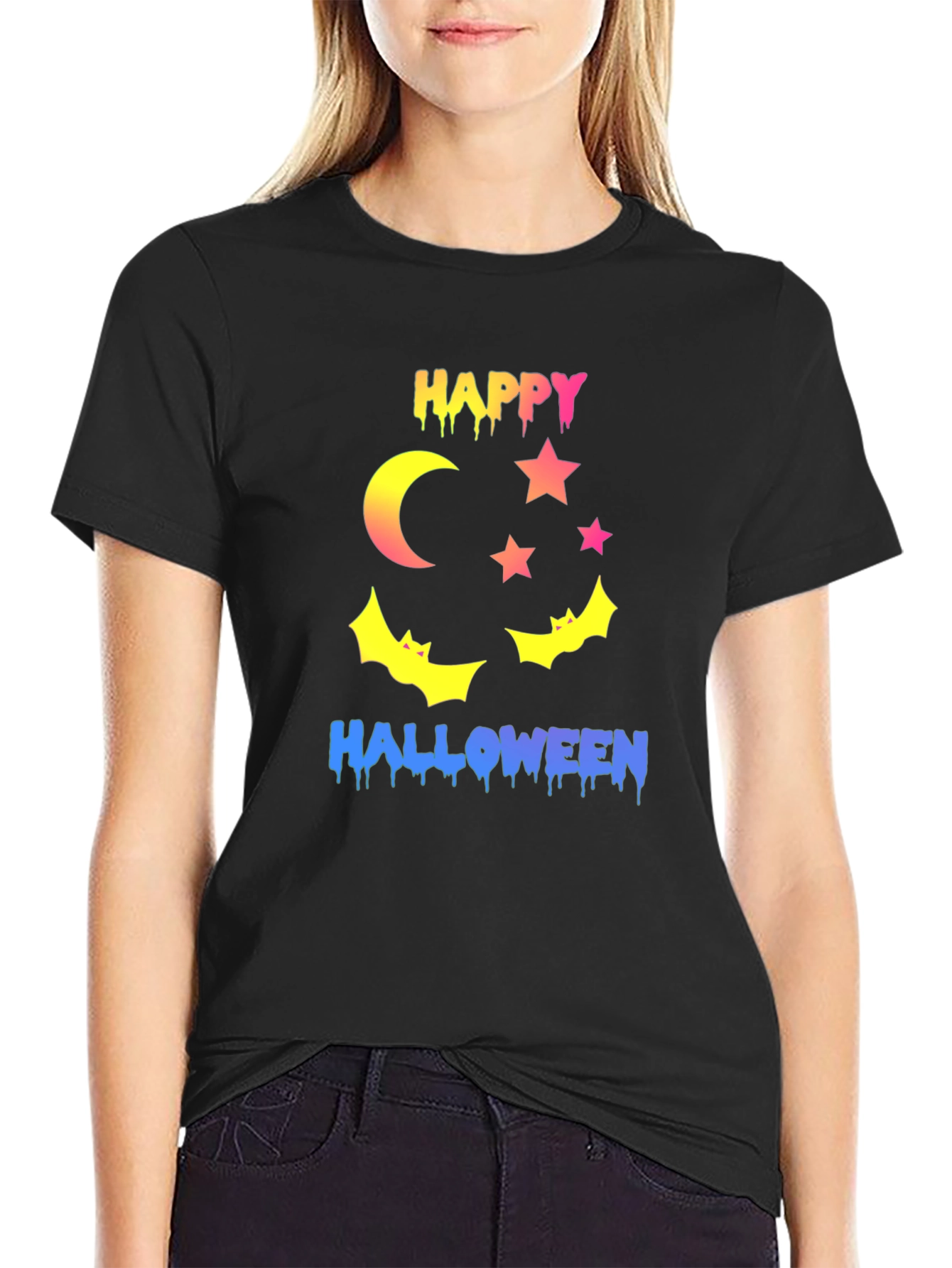 Happy Halloween T-Shirt - Moon Stars and Bats Design