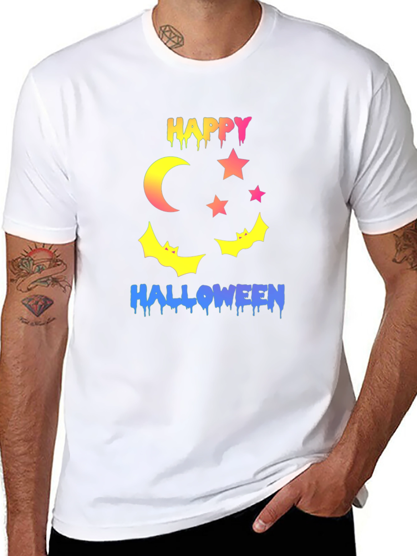 Happy Halloween T-Shirt - Moon Stars and Bats Design