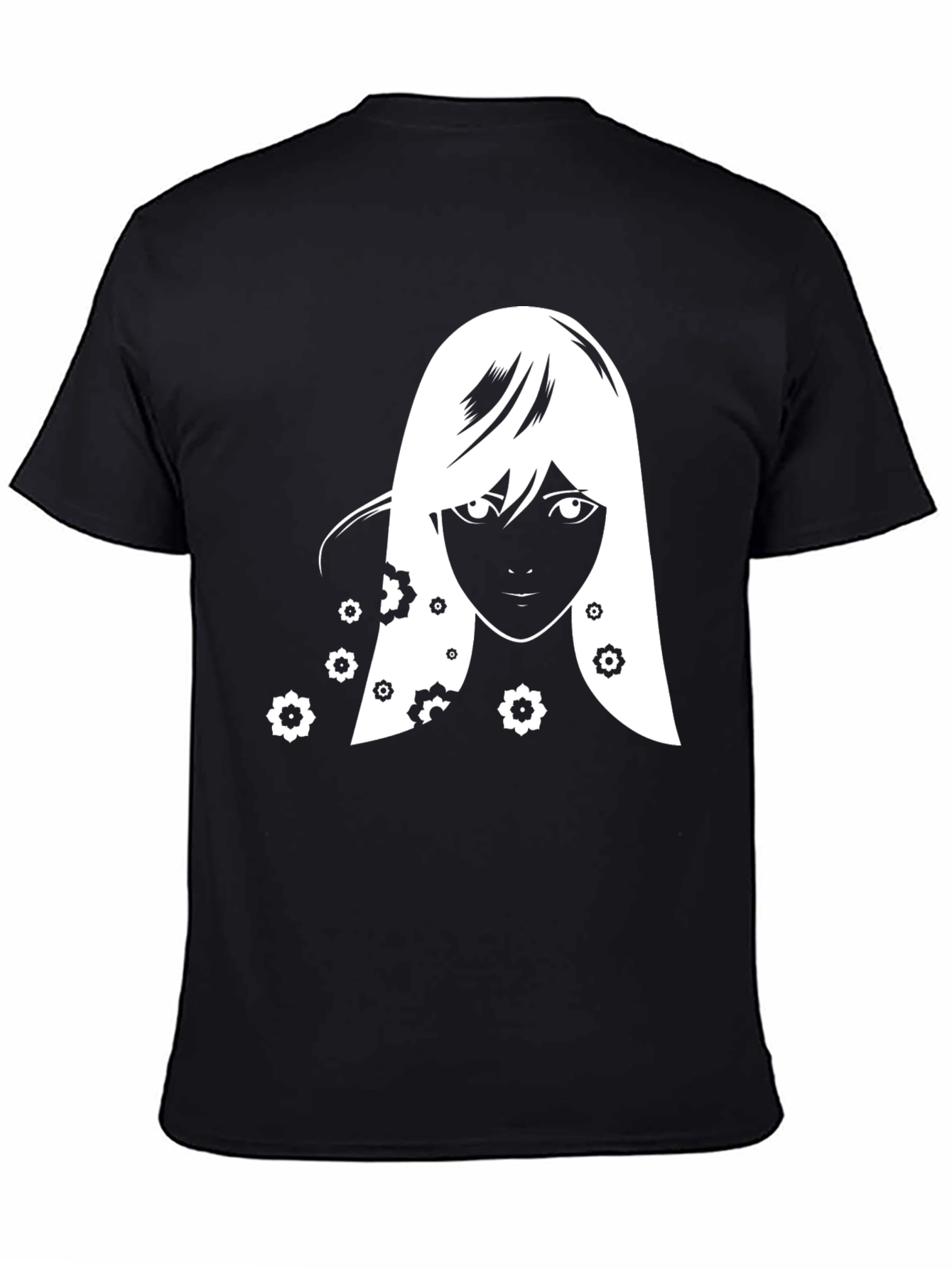 Anime Girl Floral T-Shirt - Black Graphic Tee
