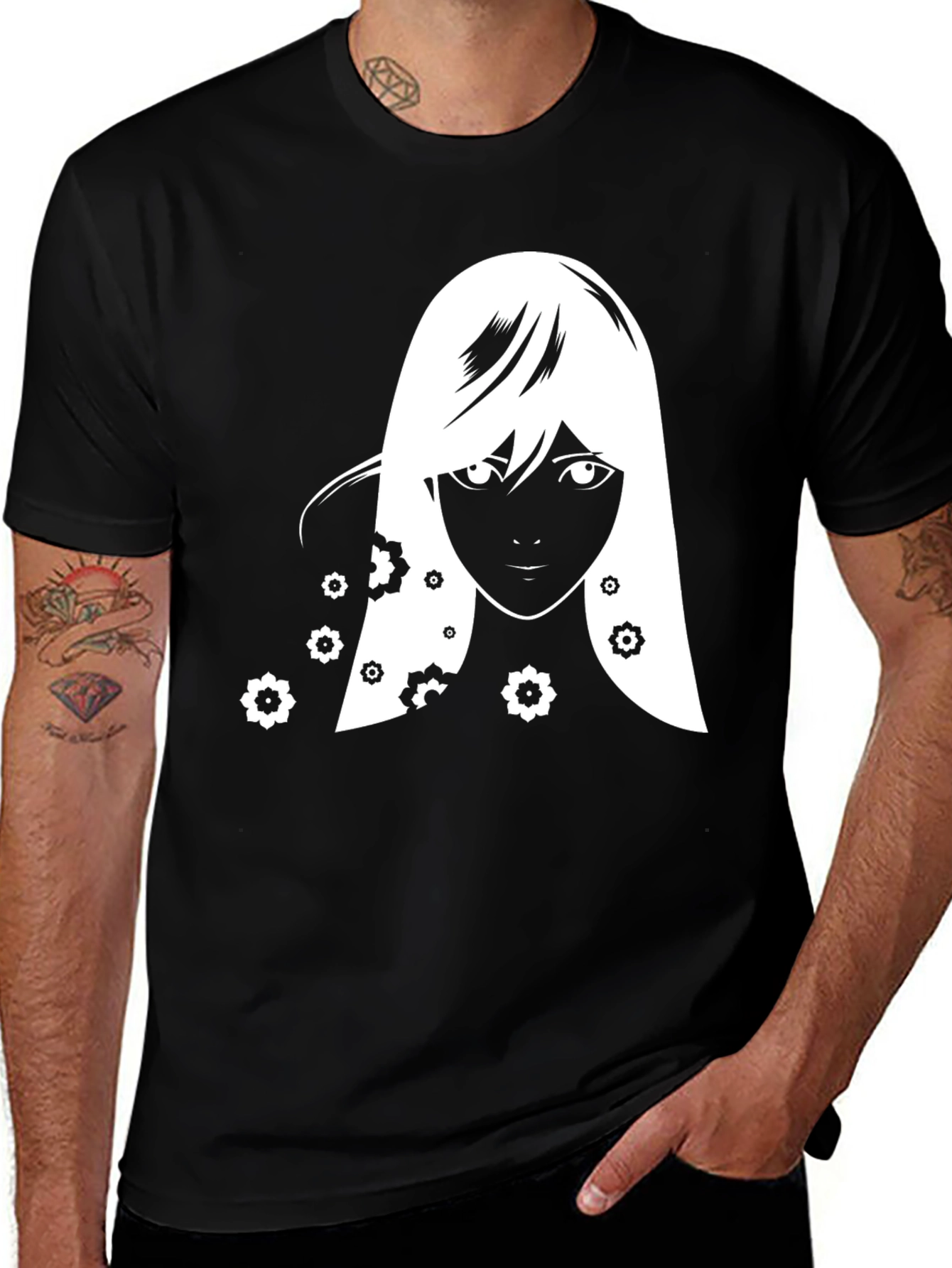 Anime Girl Floral T-Shirt - Black Graphic Tee