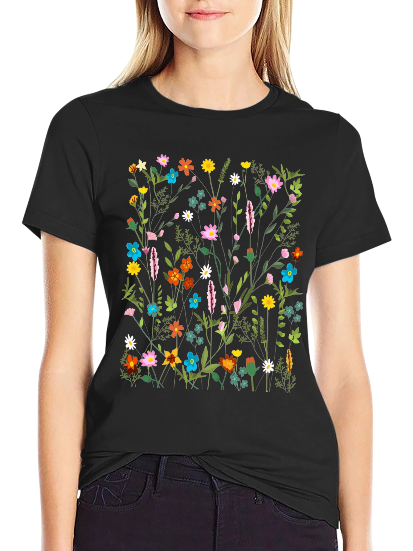 Floral Print Black T-Shirt - Nature Inspired Design