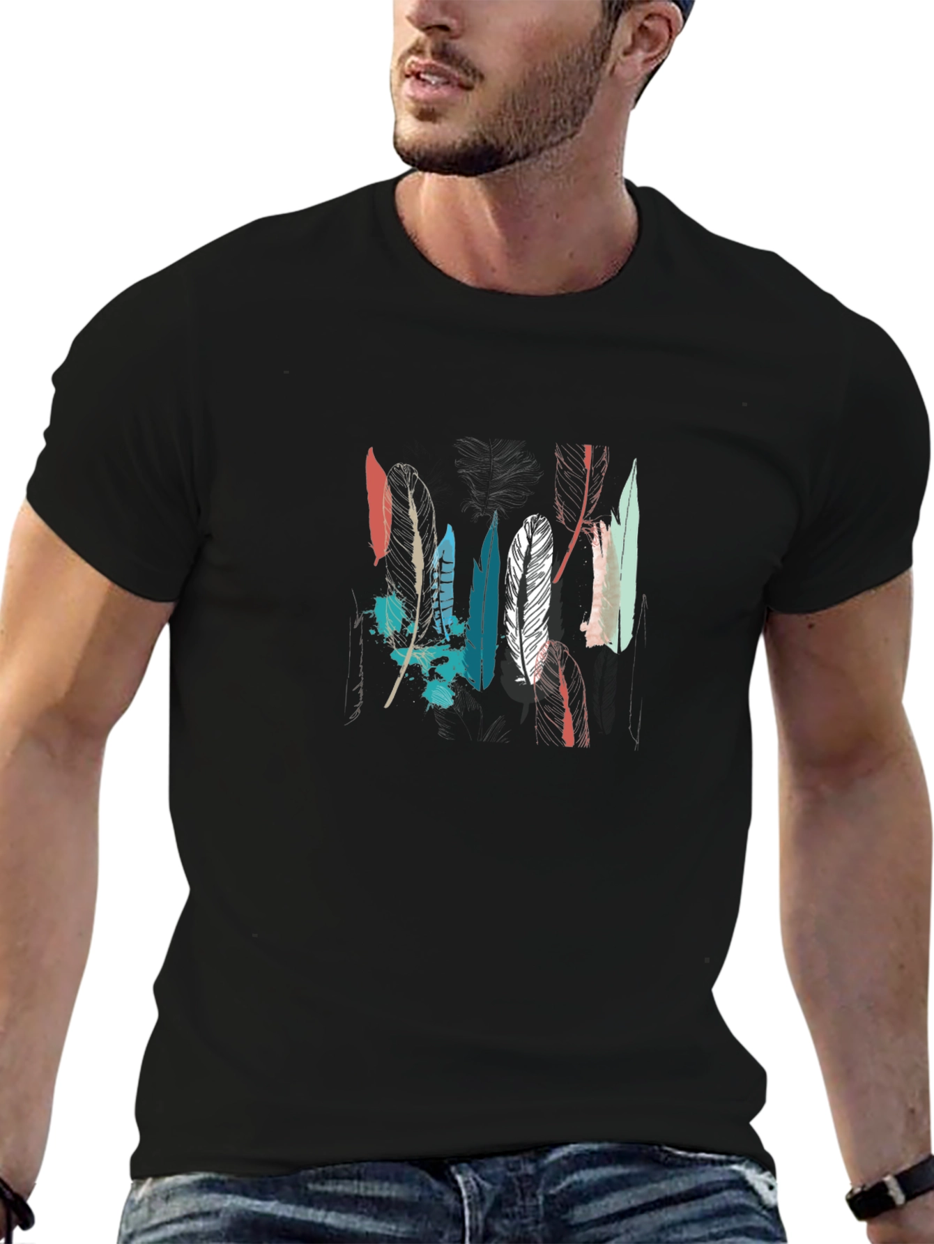 Feather Graphic Tee - Black Cotton T-Shirt
