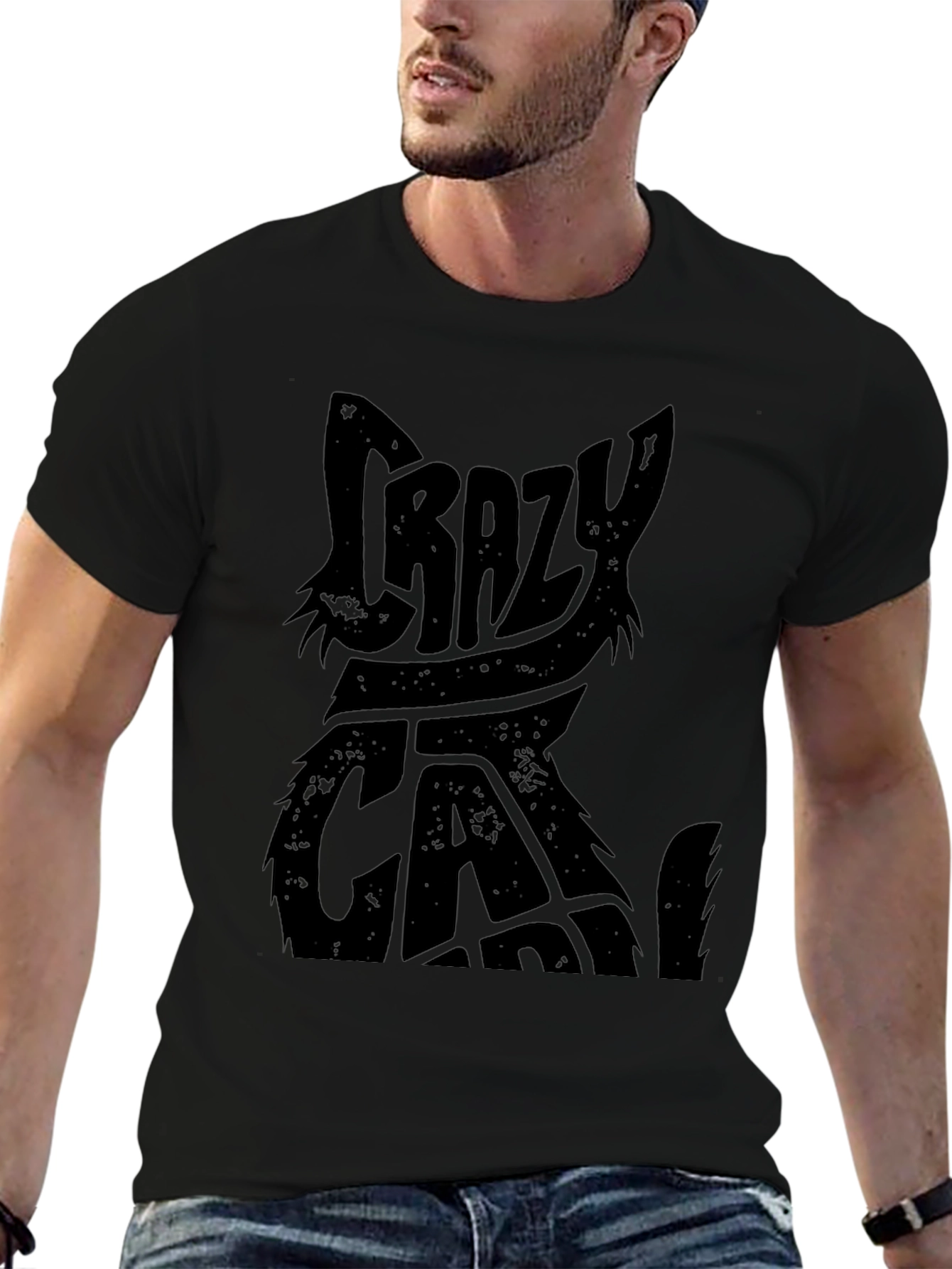 Crazy Cat Graphic Print Black T-Shirt