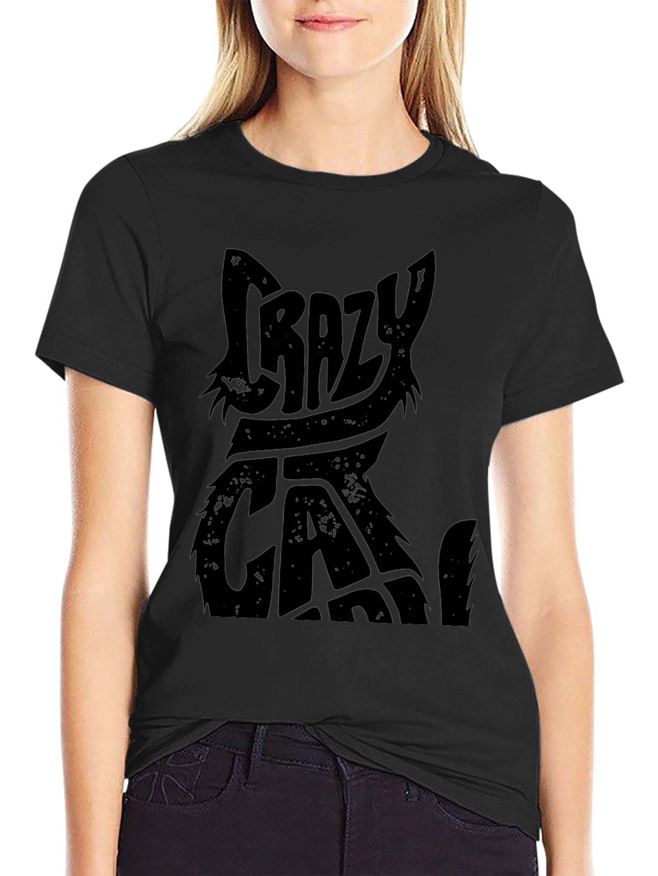 Crazy Cat Graphic Print Black T-Shirt