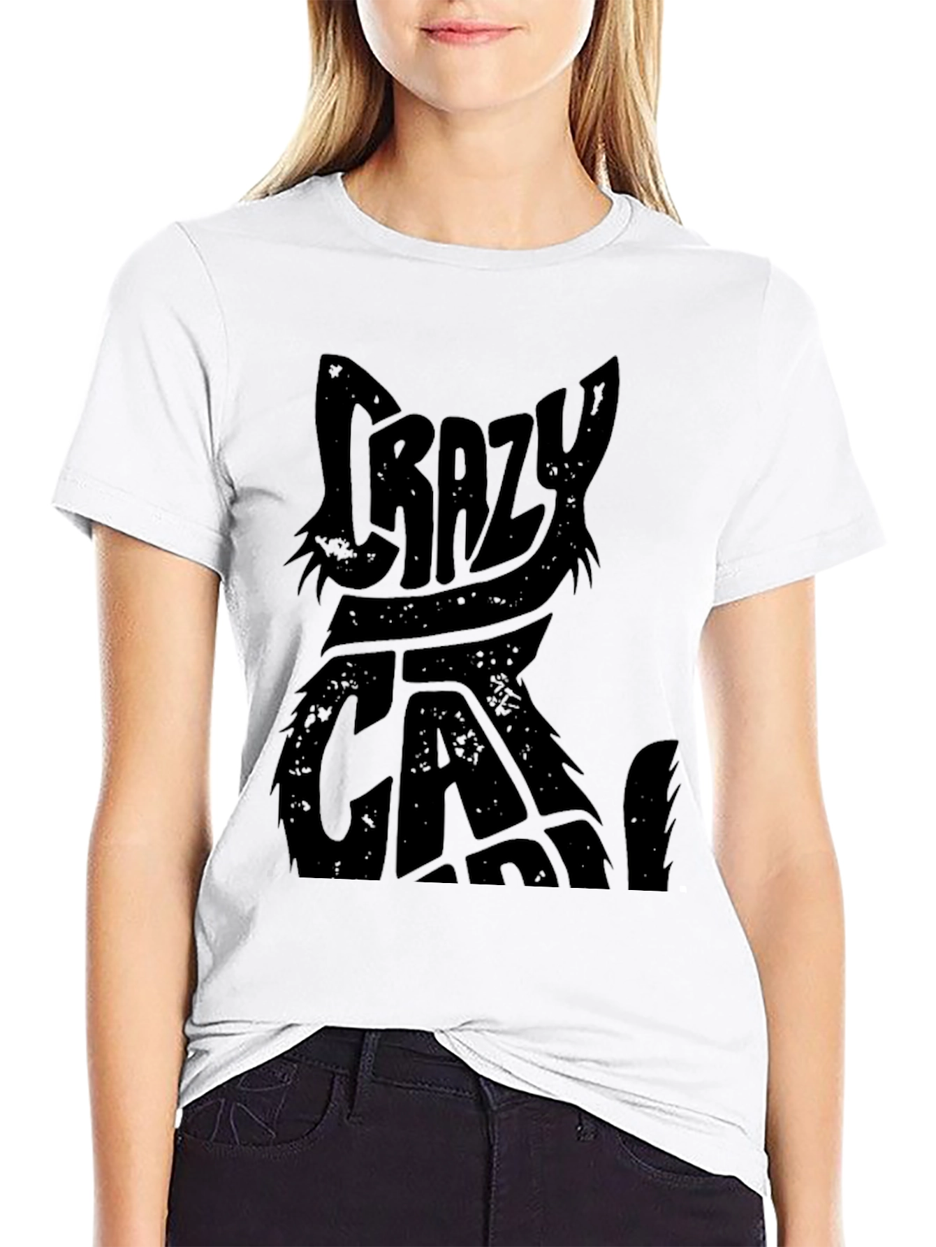 Crazy Cat Graphic Print Black T-Shirt