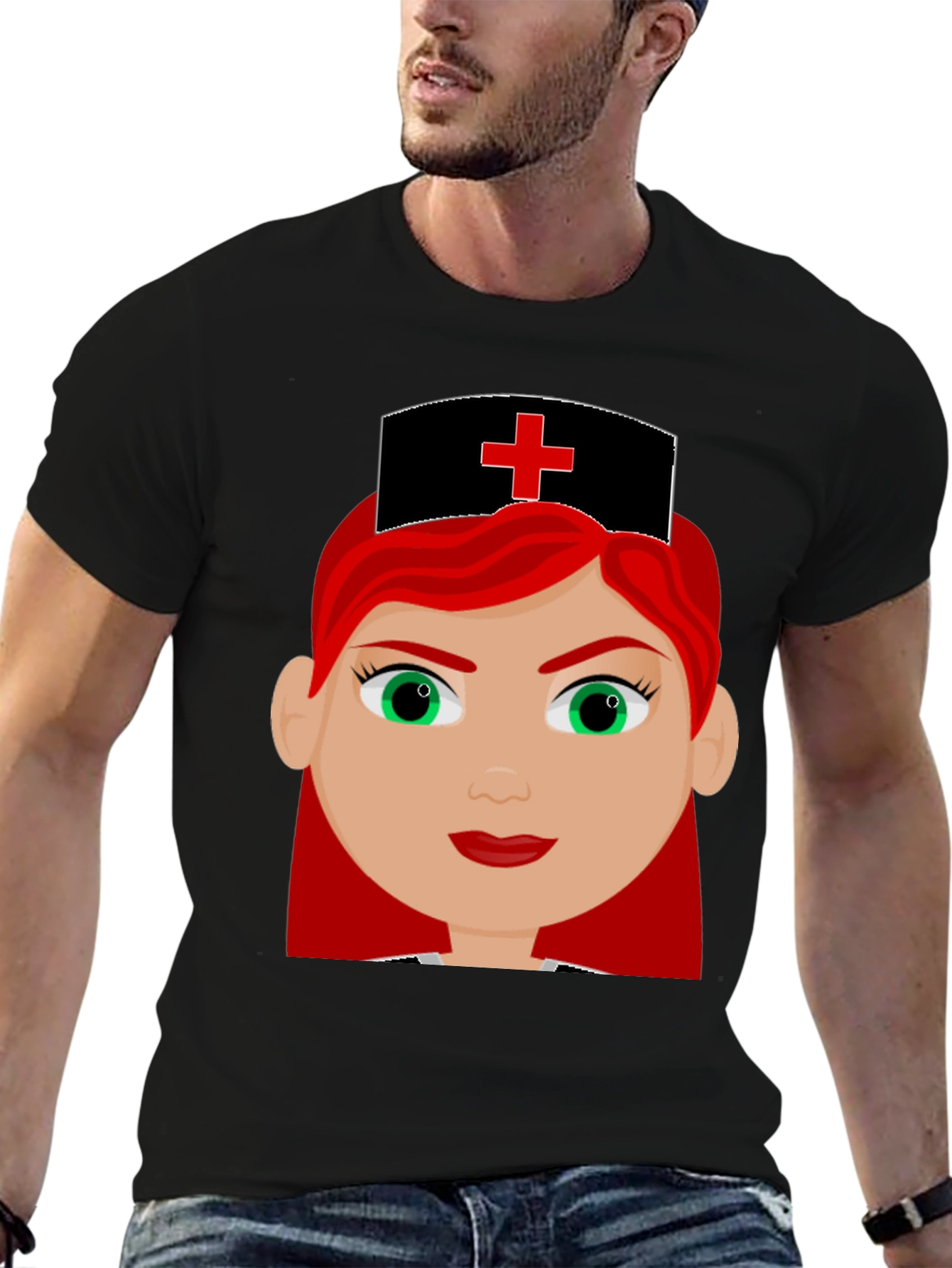 Cartoon Nurse Graphic Tee - Unisex Black T-Shirt