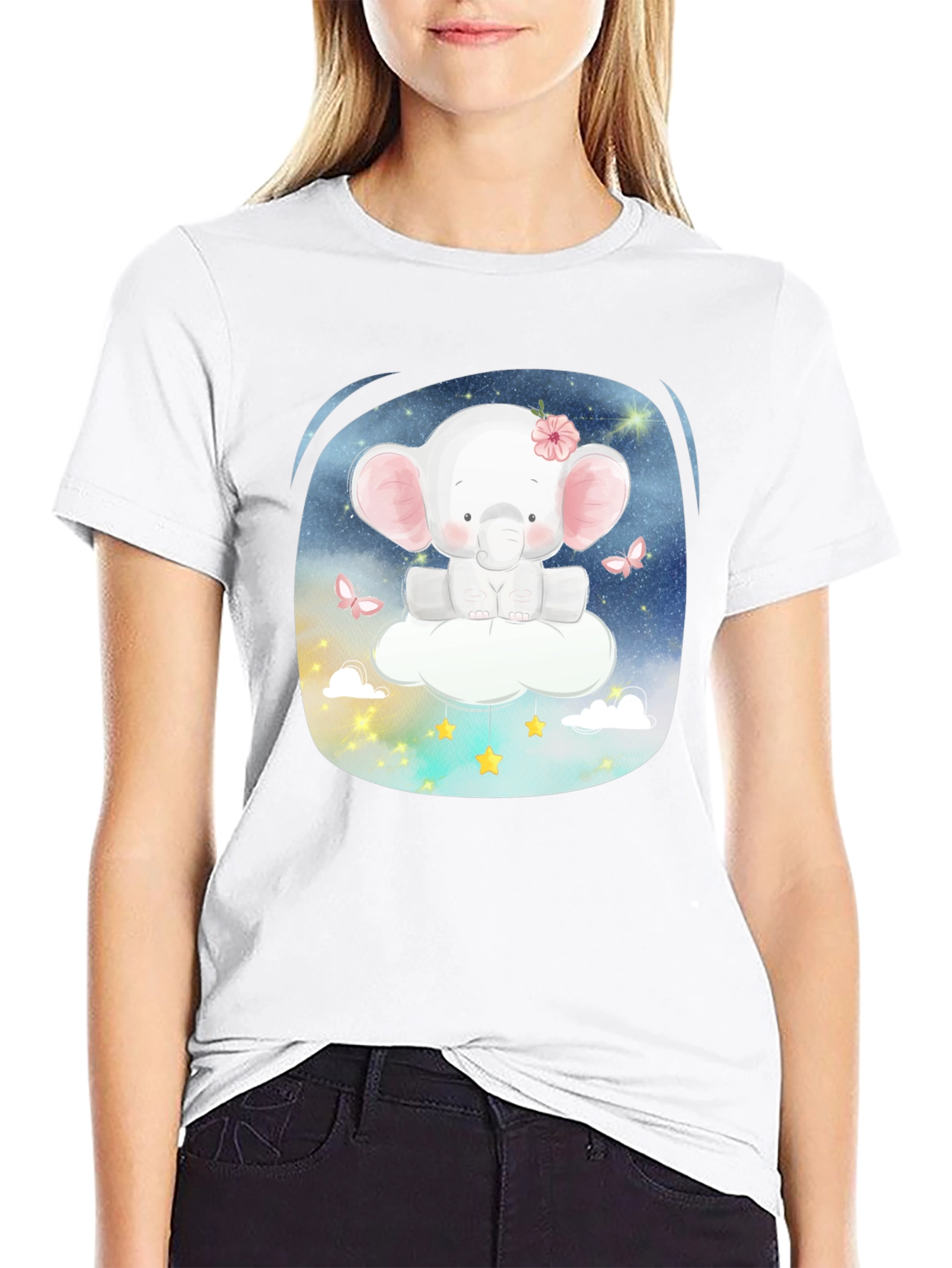 Cute Elephant on Cloud T-Shirt - Black