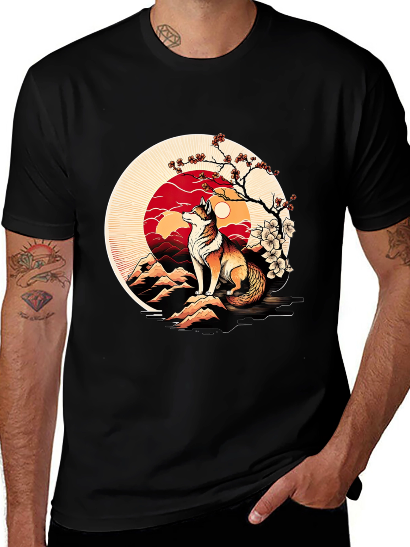 Fox Sunset Graphic Tee - Stylish Mens Black T-Shirt