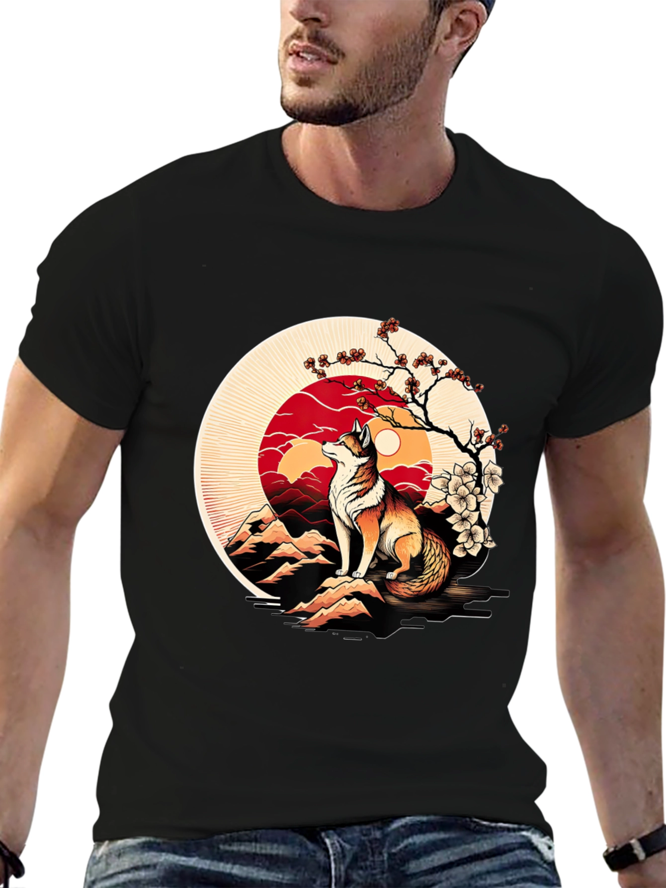 Fox Sunset Graphic Tee - Stylish Mens Black T-Shirt