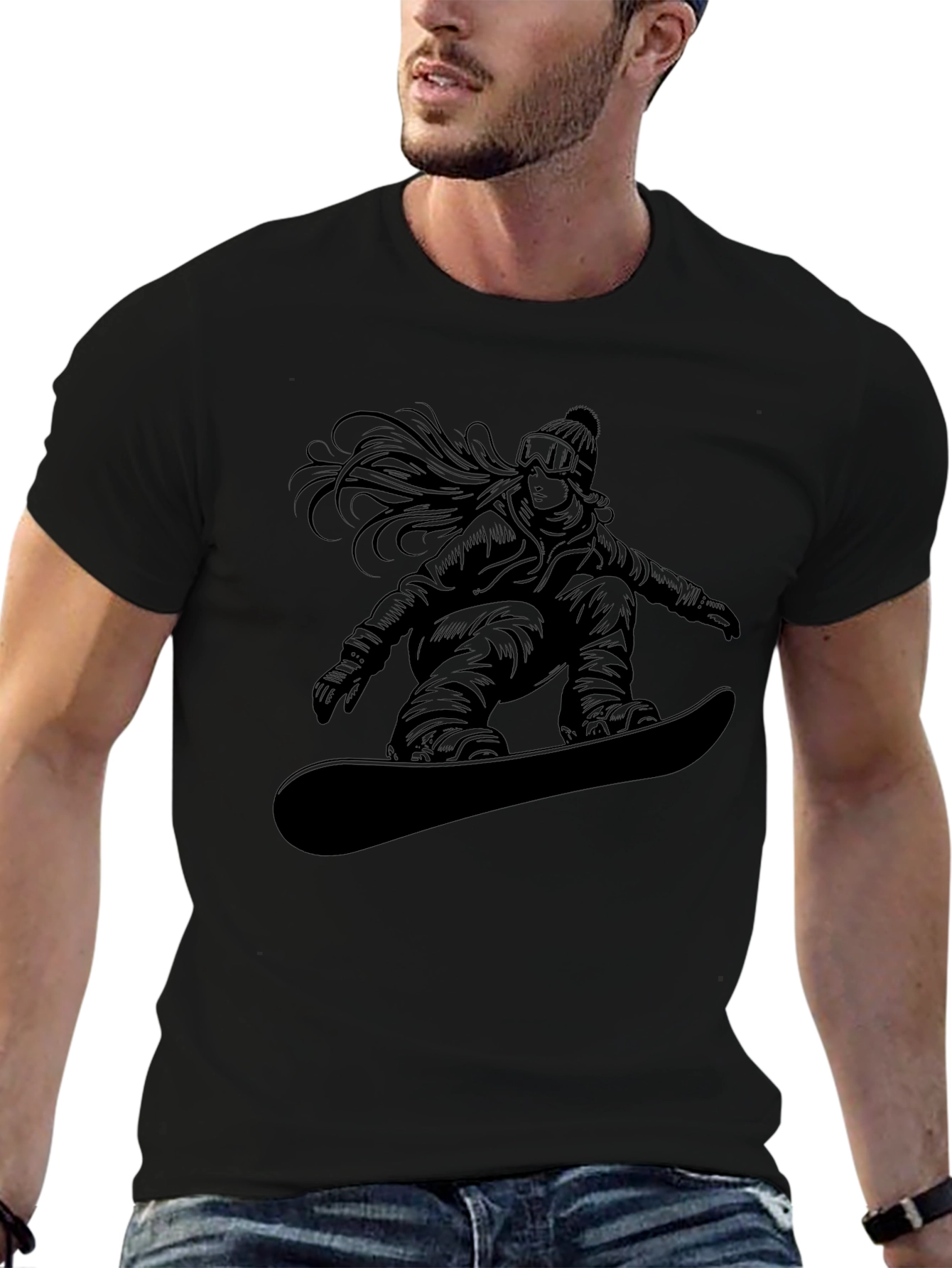 Black T-Shirt with Snowboarder Graphic
