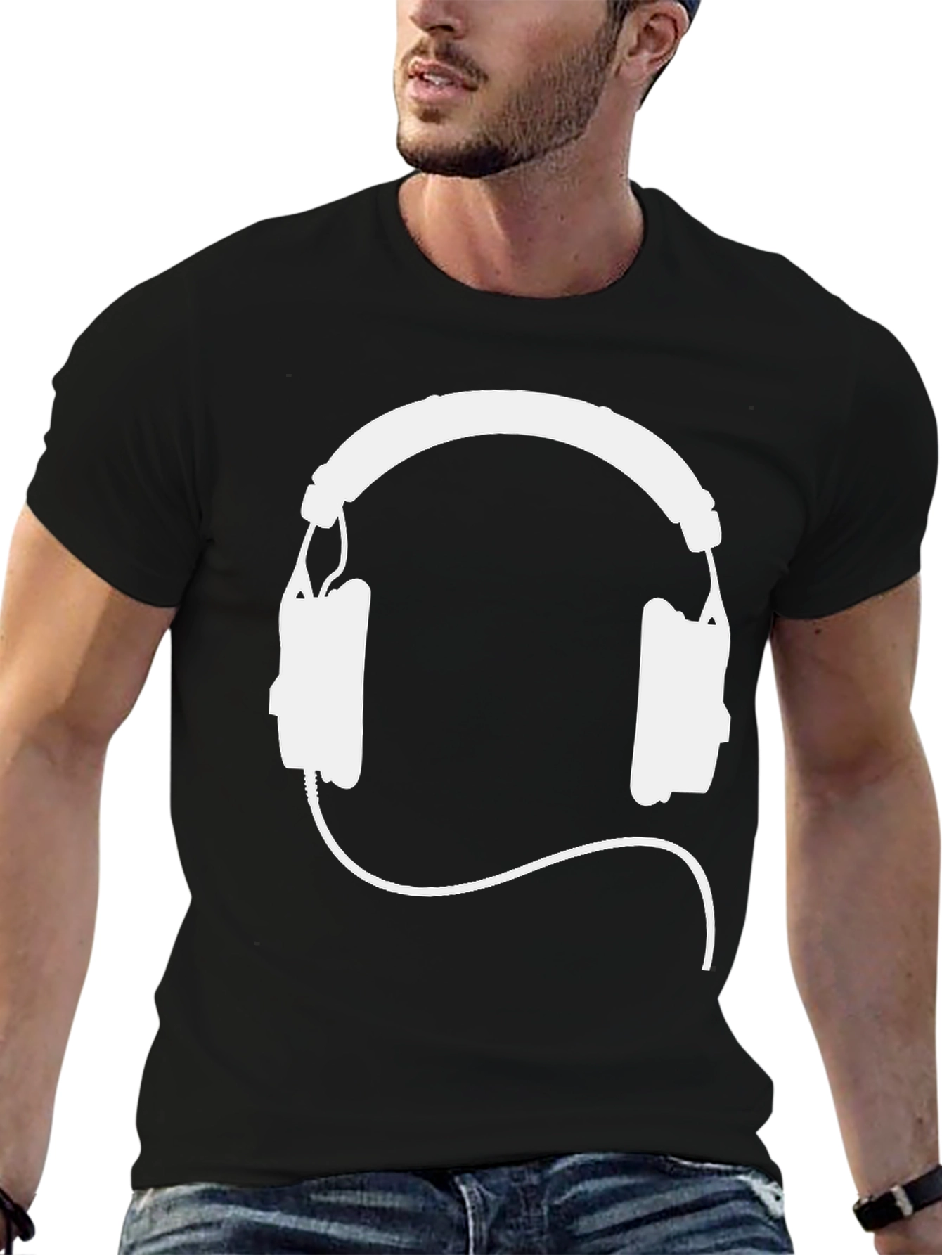 Black T-Shirt with White Headphone Graphic