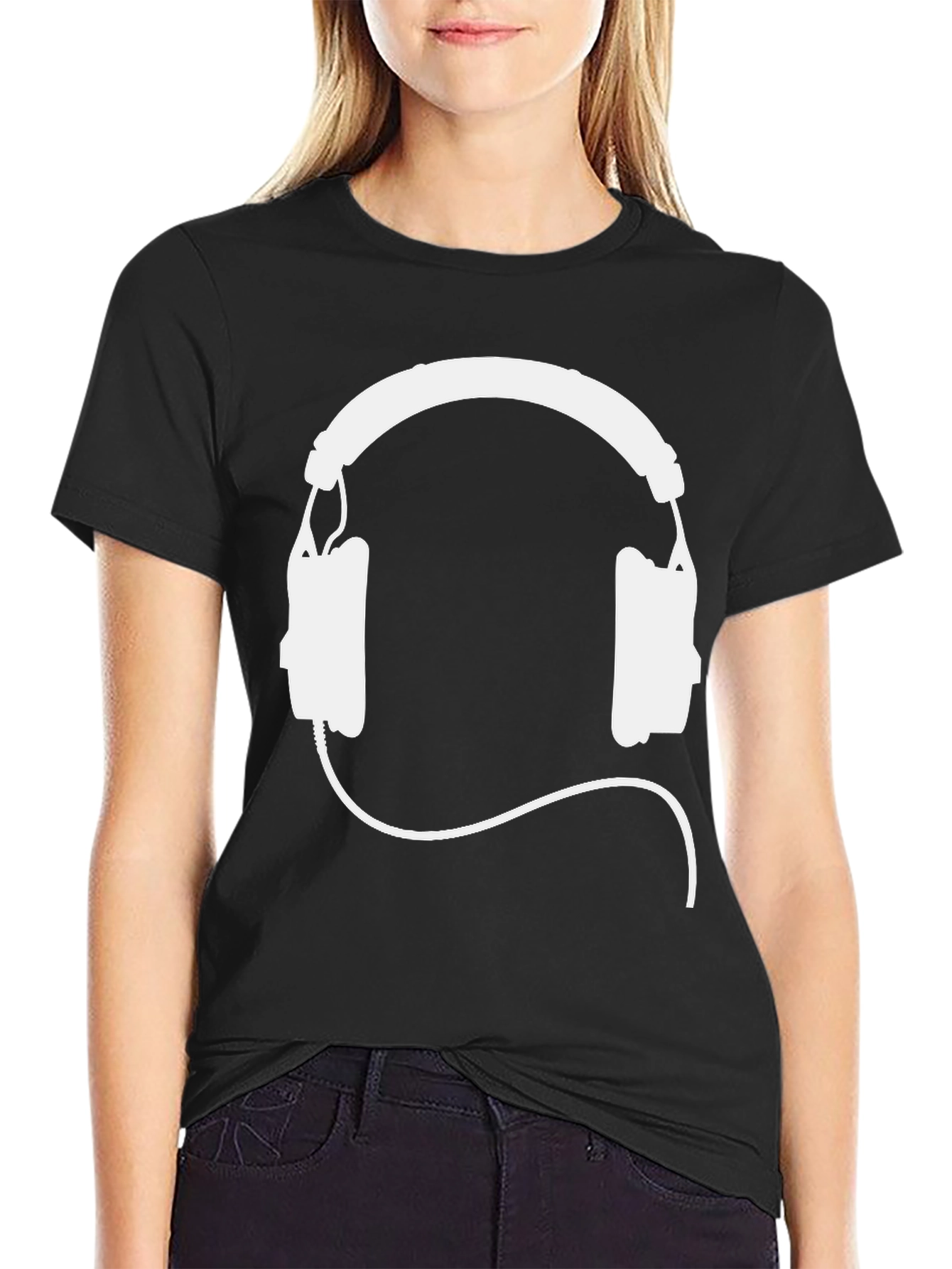 Black T-Shirt with White Headphone Graphic