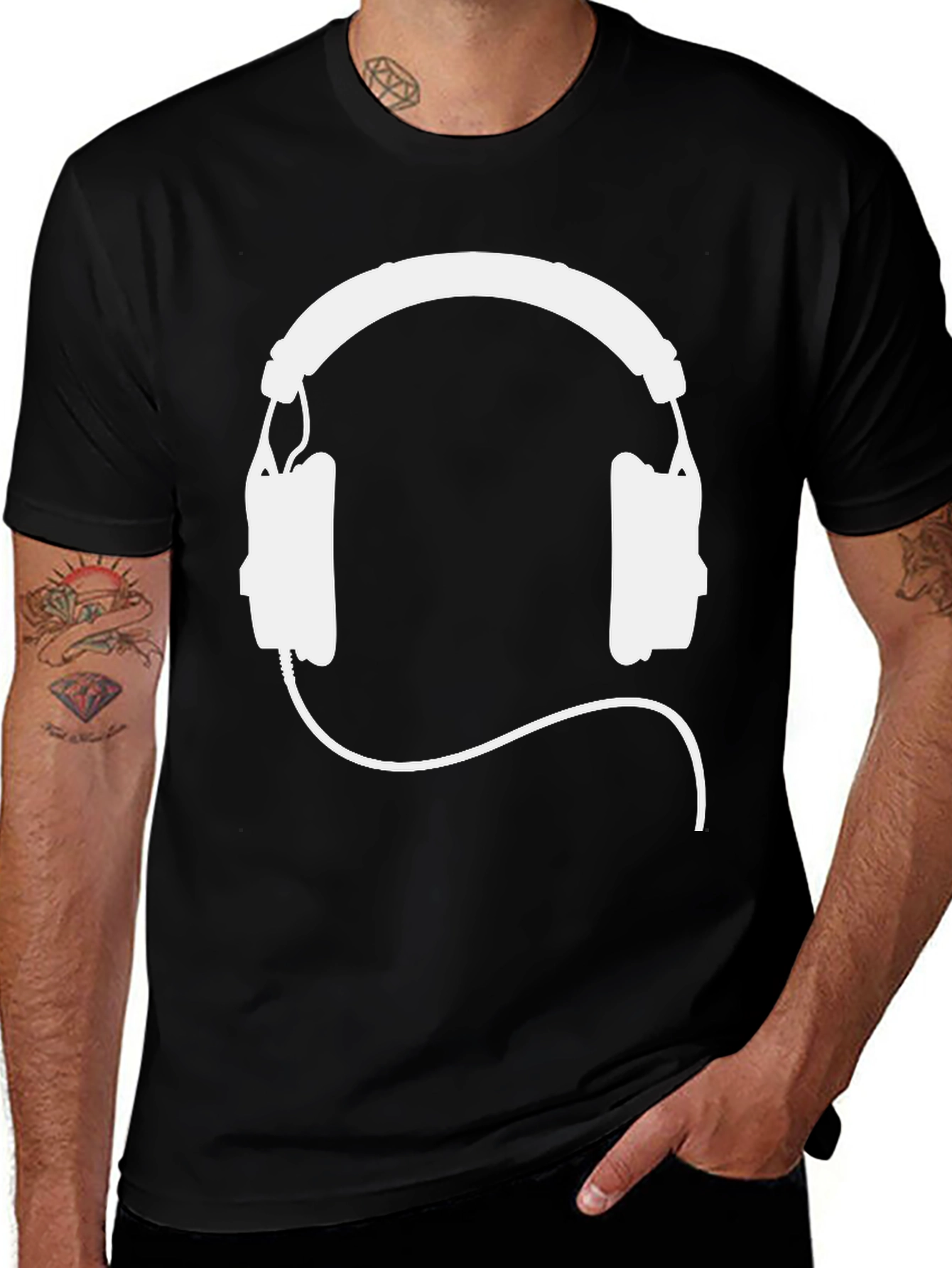 Black T-Shirt with White Headphone Graphic