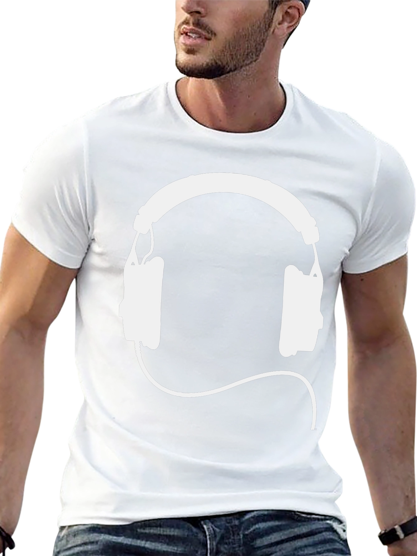 Black T-Shirt with White Headphone Graphic