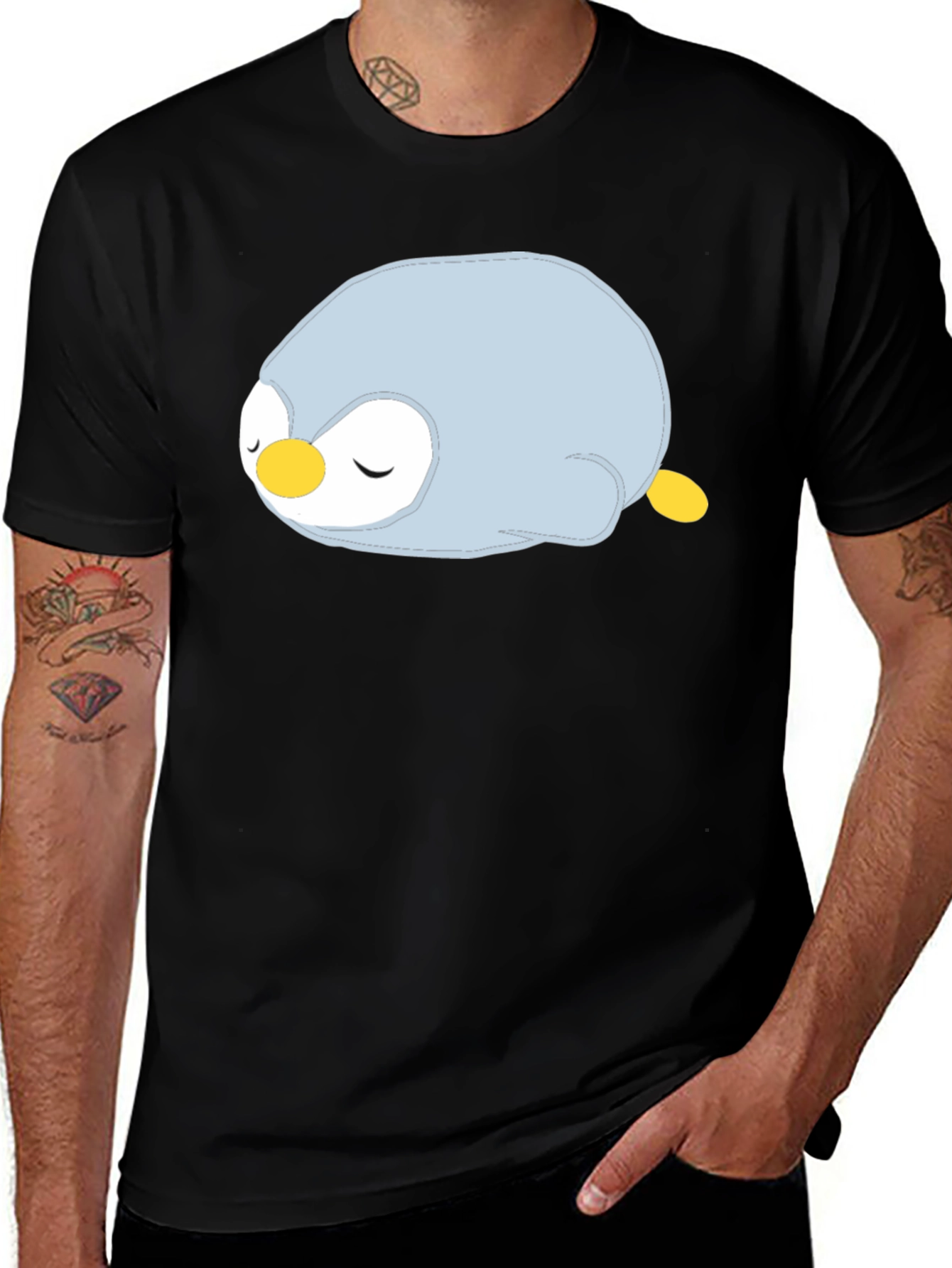 Cute Sleeping Penguin Graphic Black T-Shirt