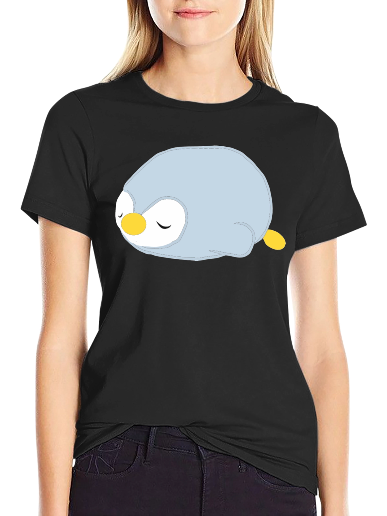 Cute Sleeping Penguin Graphic Black T-Shirt