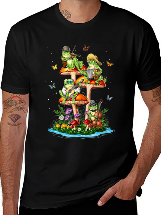 Frog Band T-Shirt - Musical Frogs on Mushrooms Black Tee