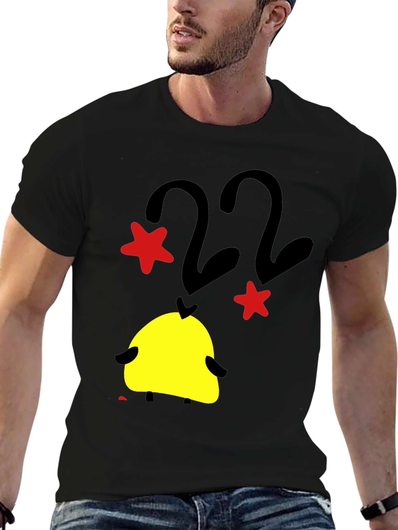 Black T-Shirt with Cartoon Duck and Star Graphic