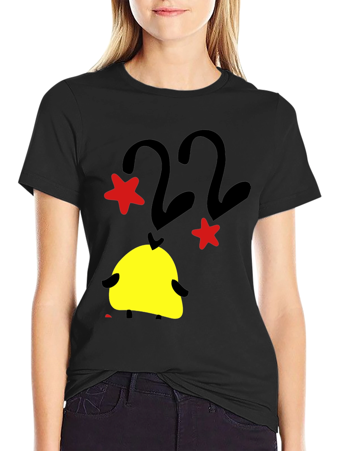 Black T-Shirt with Cartoon Duck and Star Graphic