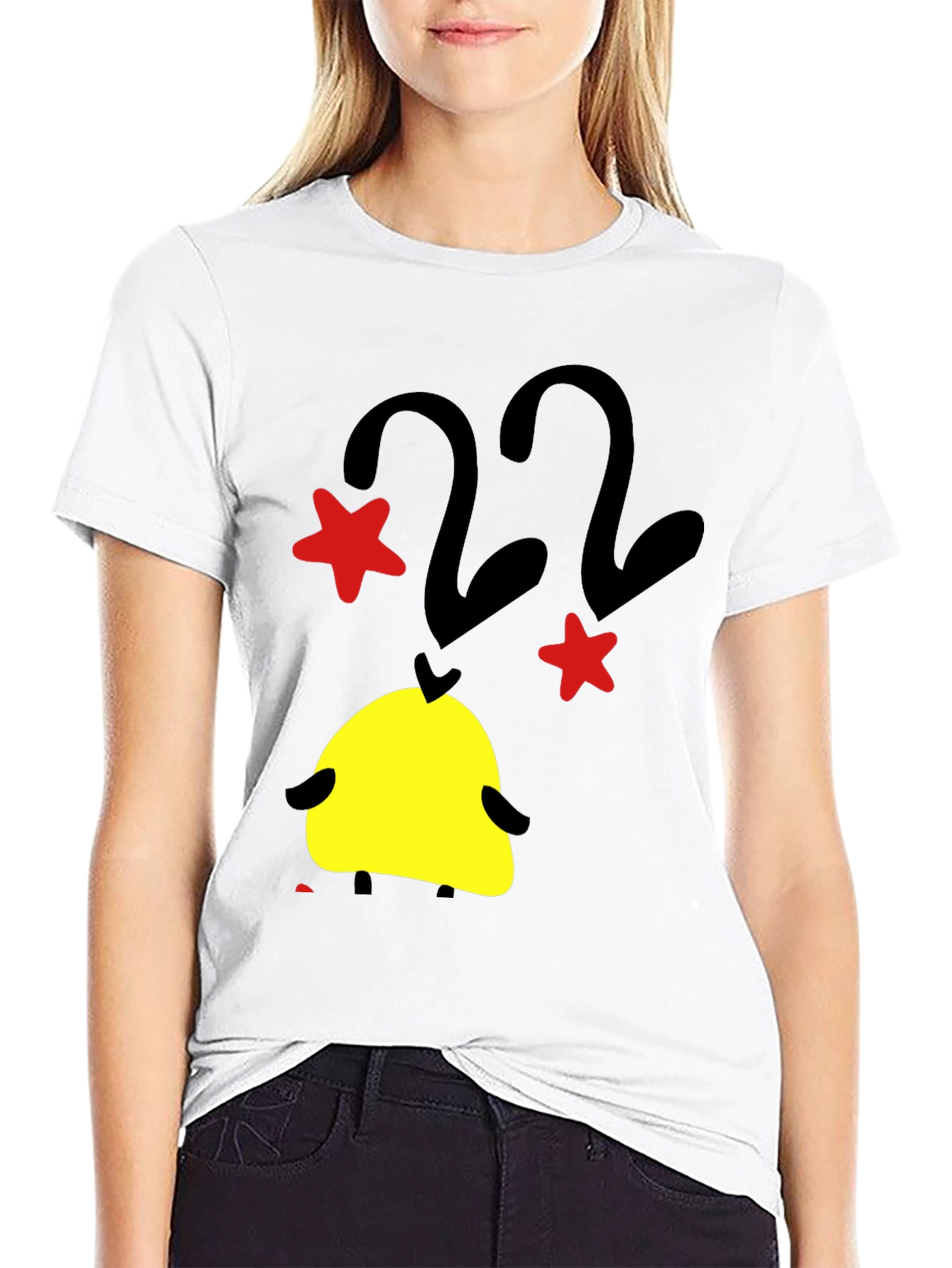 Black T-Shirt with Cartoon Duck and Star Graphic