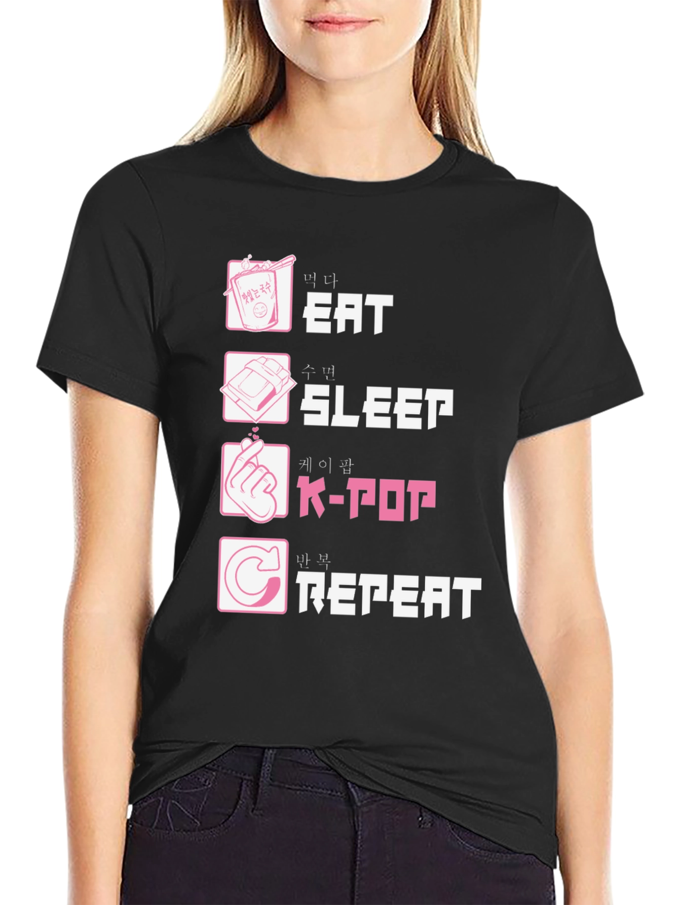 Eat Sleep K-Pop Repeat Black Graphic Tee