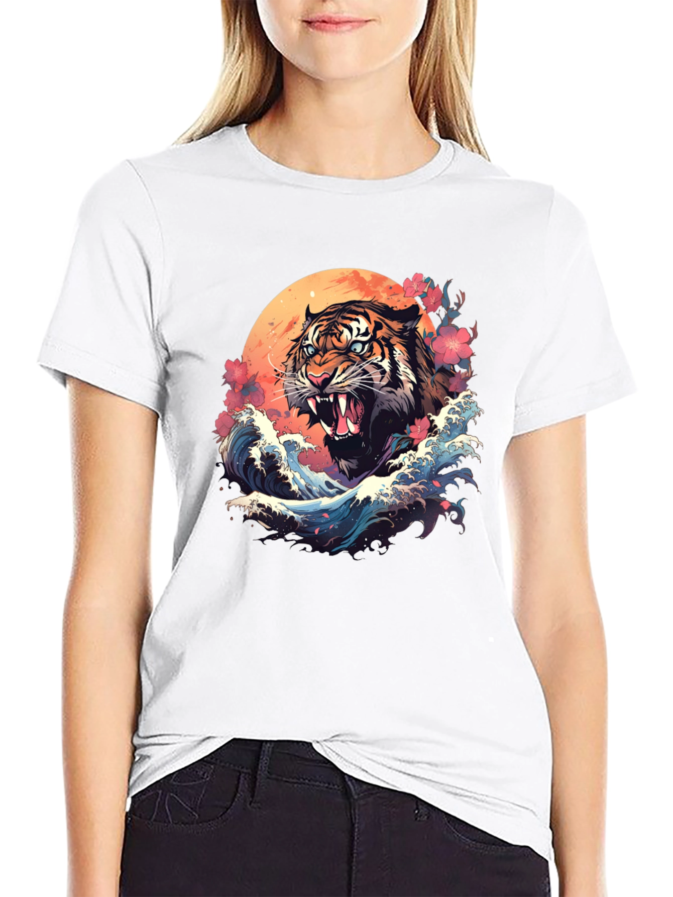 Tiger Wave Graphic Tee - Cool Asian Art Shirt