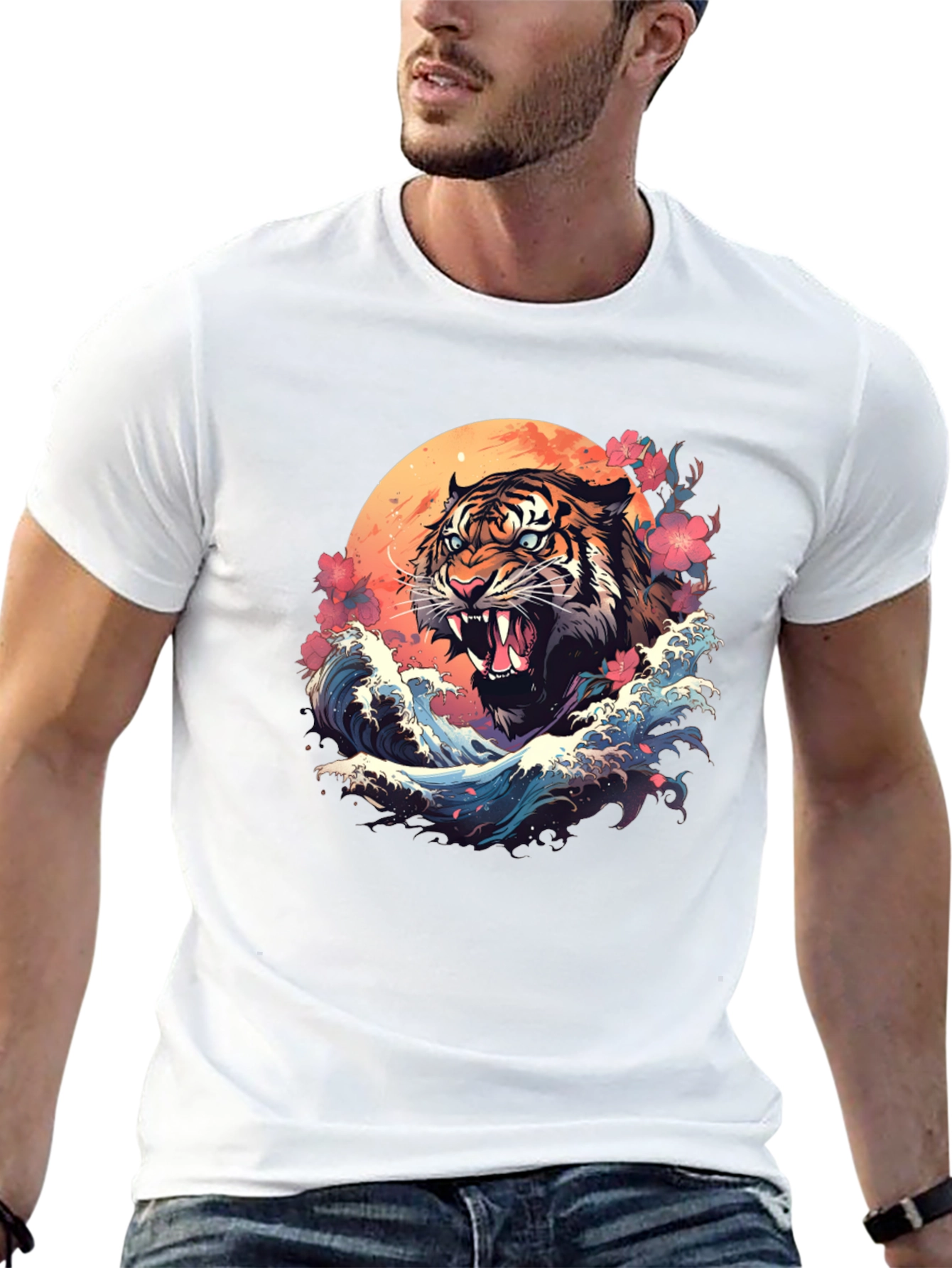 Tiger Wave Graphic Tee - Cool Asian Art Shirt