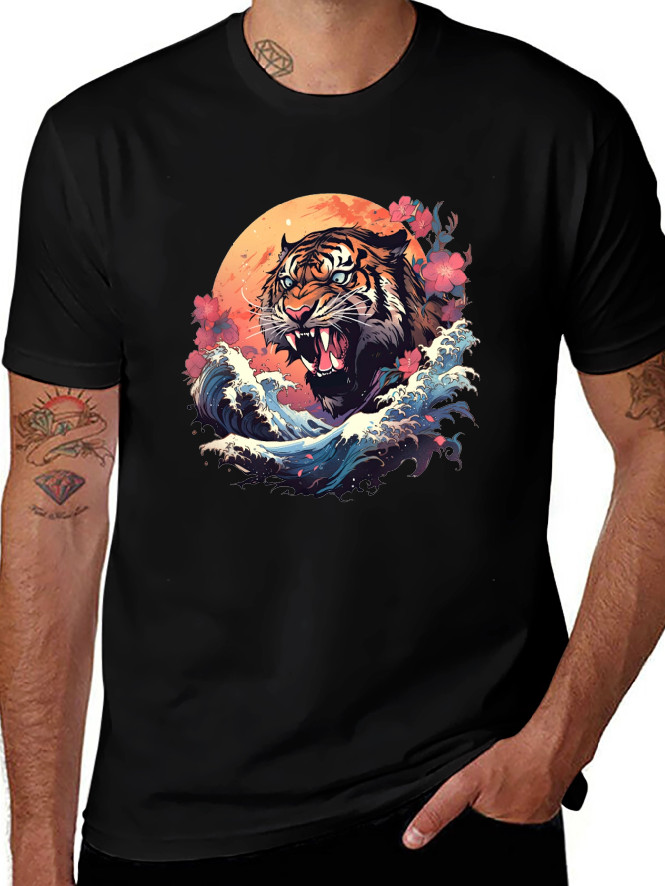 Tiger Wave Graphic Tee - Cool Asian Art Shirt