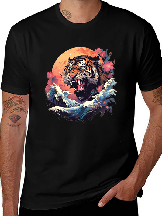 Tiger Wave Graphic Tee - Cool Asian Art Shirt