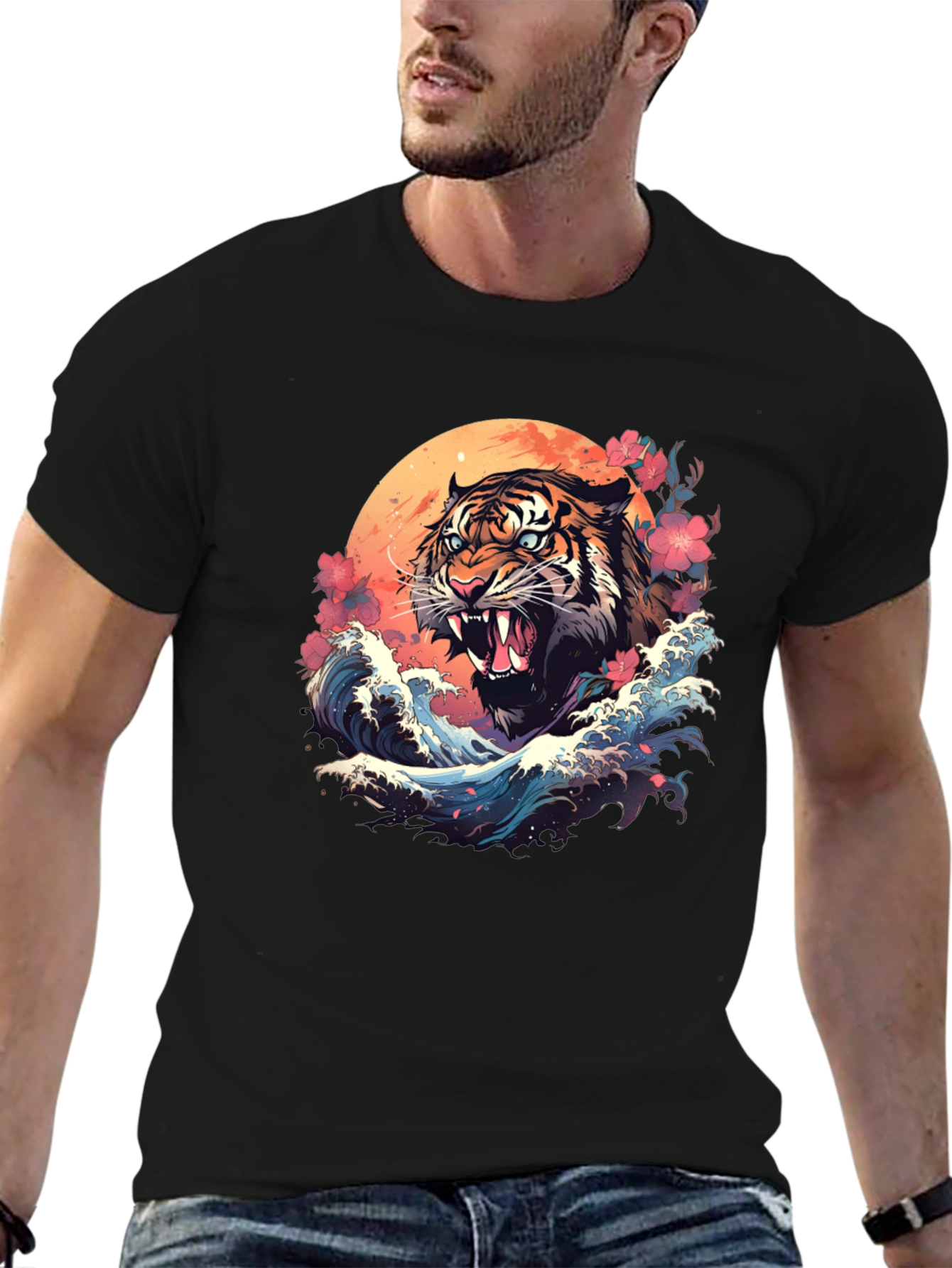 Tiger Wave Graphic Tee - Cool Asian Art Shirt