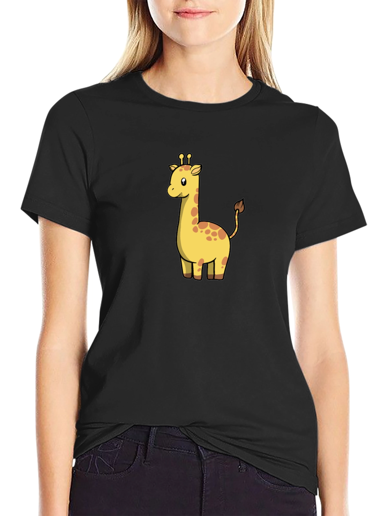 Cute Giraffe Graphic Black T-Shirt