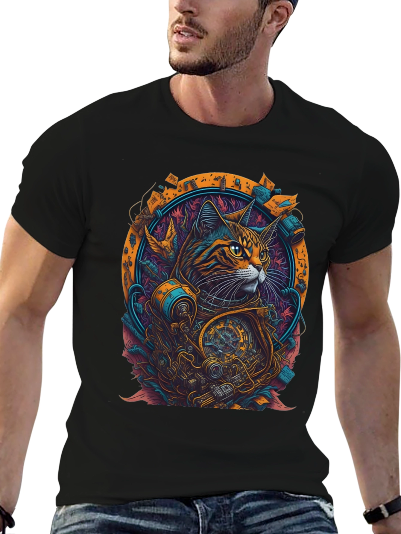 Steampunk Cat Graphic Tee - Unique Art Design