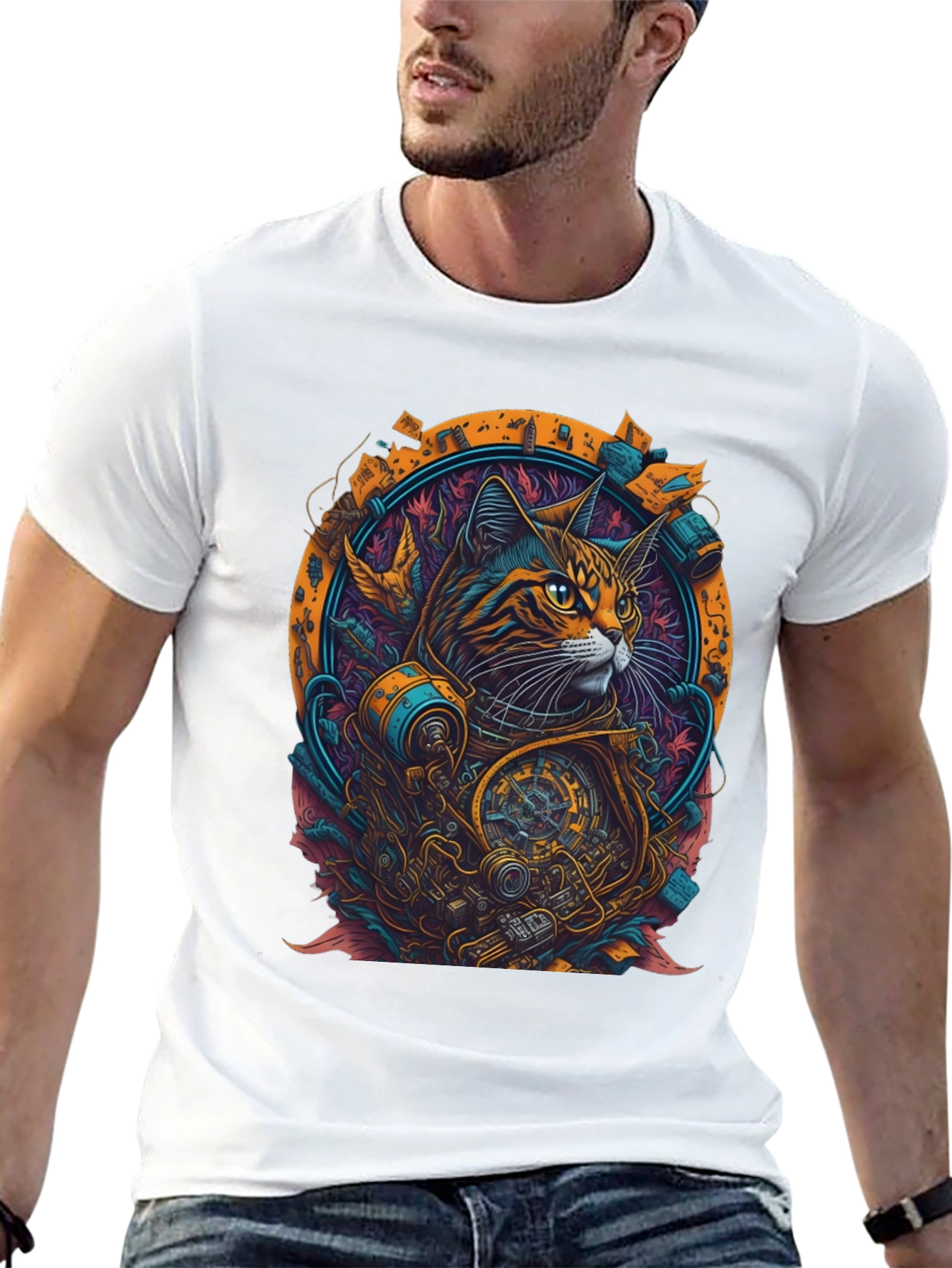 Steampunk Cat Graphic Tee - Unique Art Design