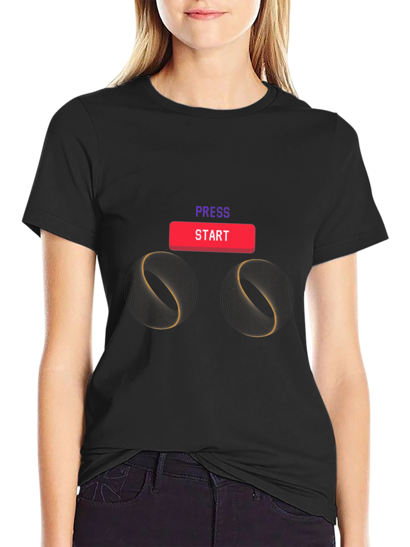 Press Start Graphic Tee - Black Cotton Blend T-Shirt