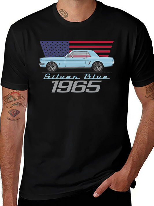1965 Mustang T-Shirt - Silver Blue Car with American Flag