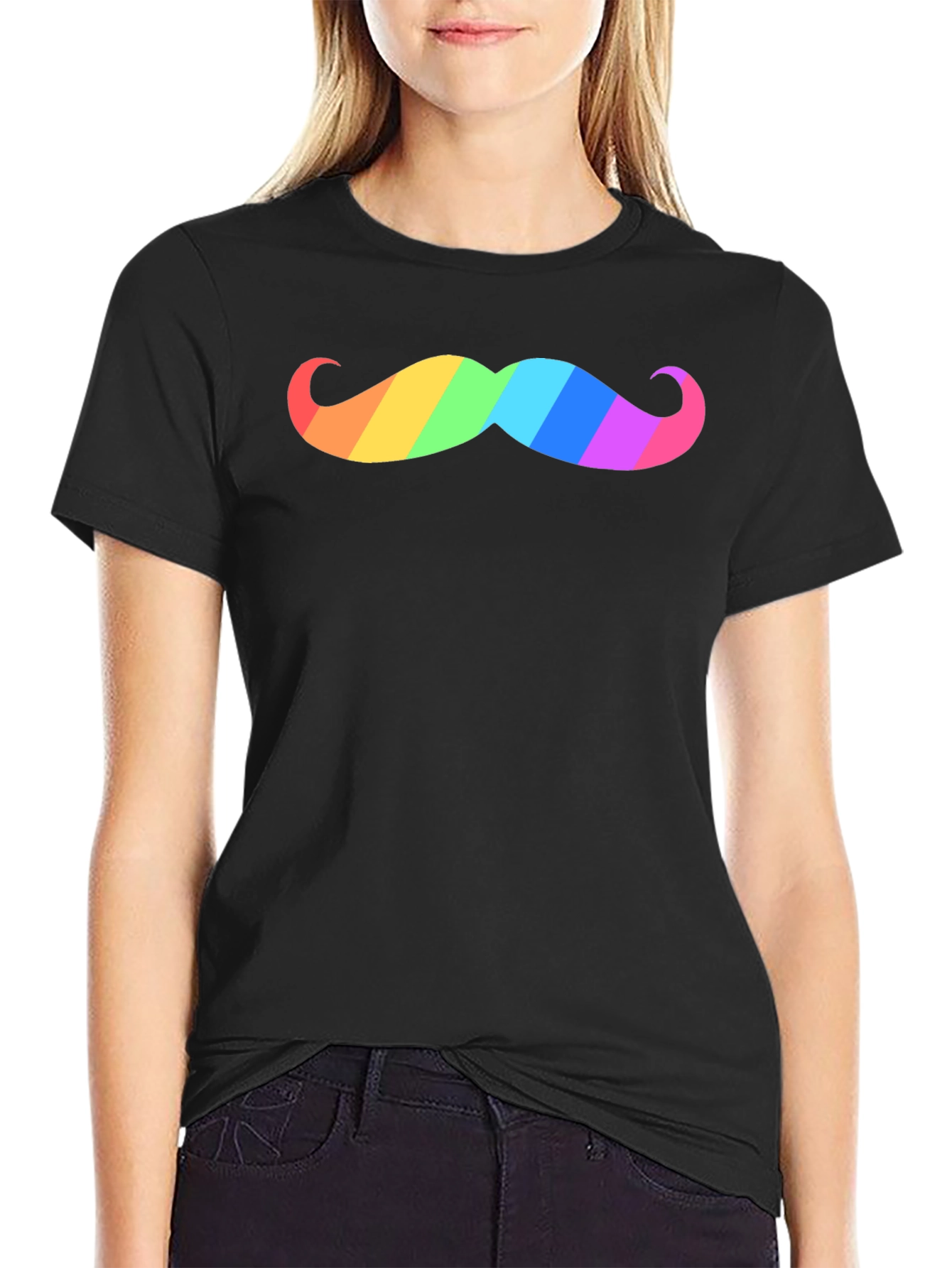 Rainbow Mustache Graphic Tee - Black Cotton T-Shirt