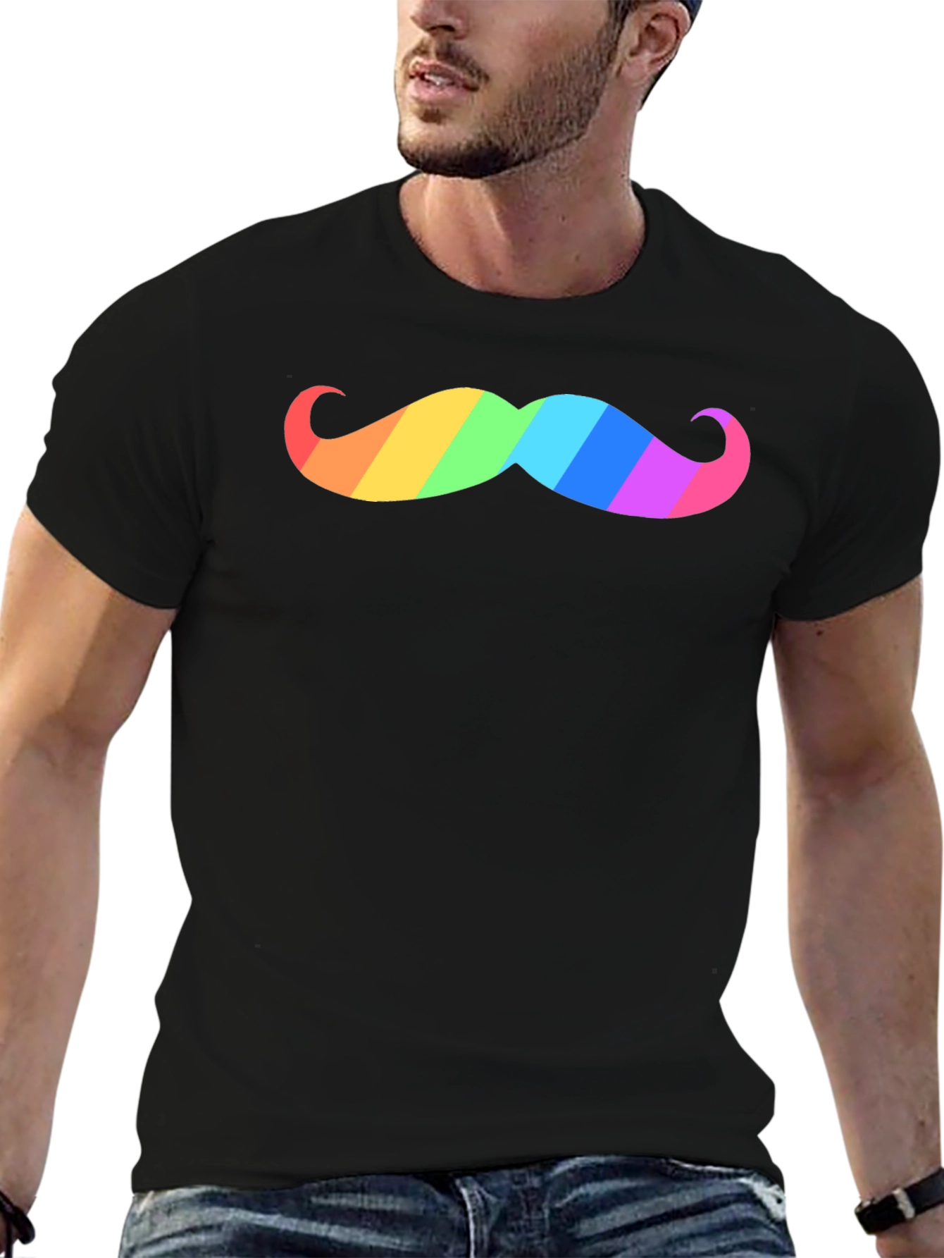 Rainbow Mustache Graphic Tee - Black Cotton T-Shirt