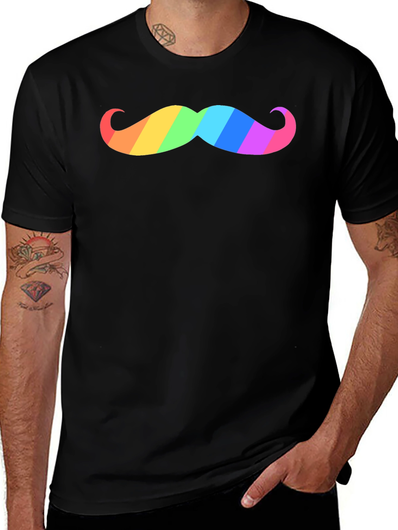 Rainbow Mustache Graphic Tee - Black Cotton T-Shirt