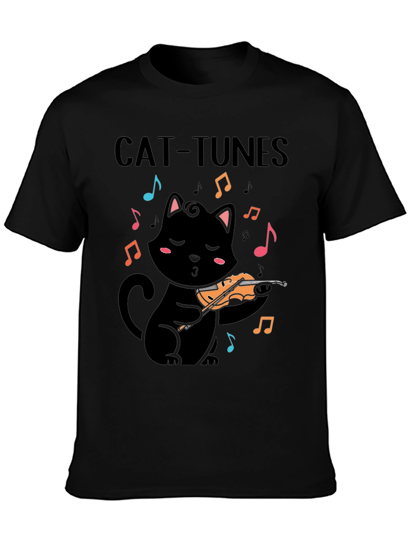 Cat-Tunes Black T-Shirt: Feline Violinist