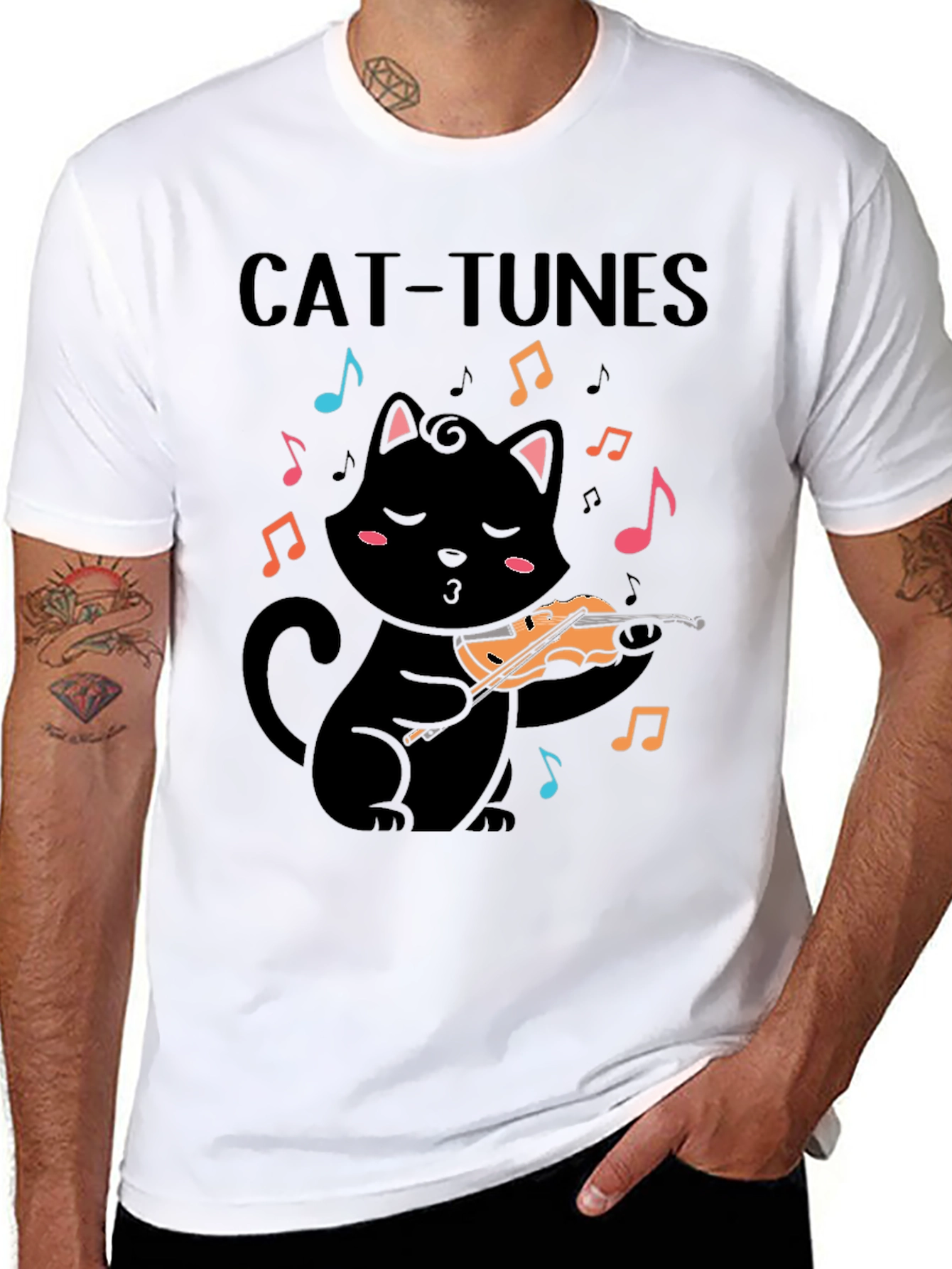 Cat-Tunes Black T-Shirt: Feline Violinist