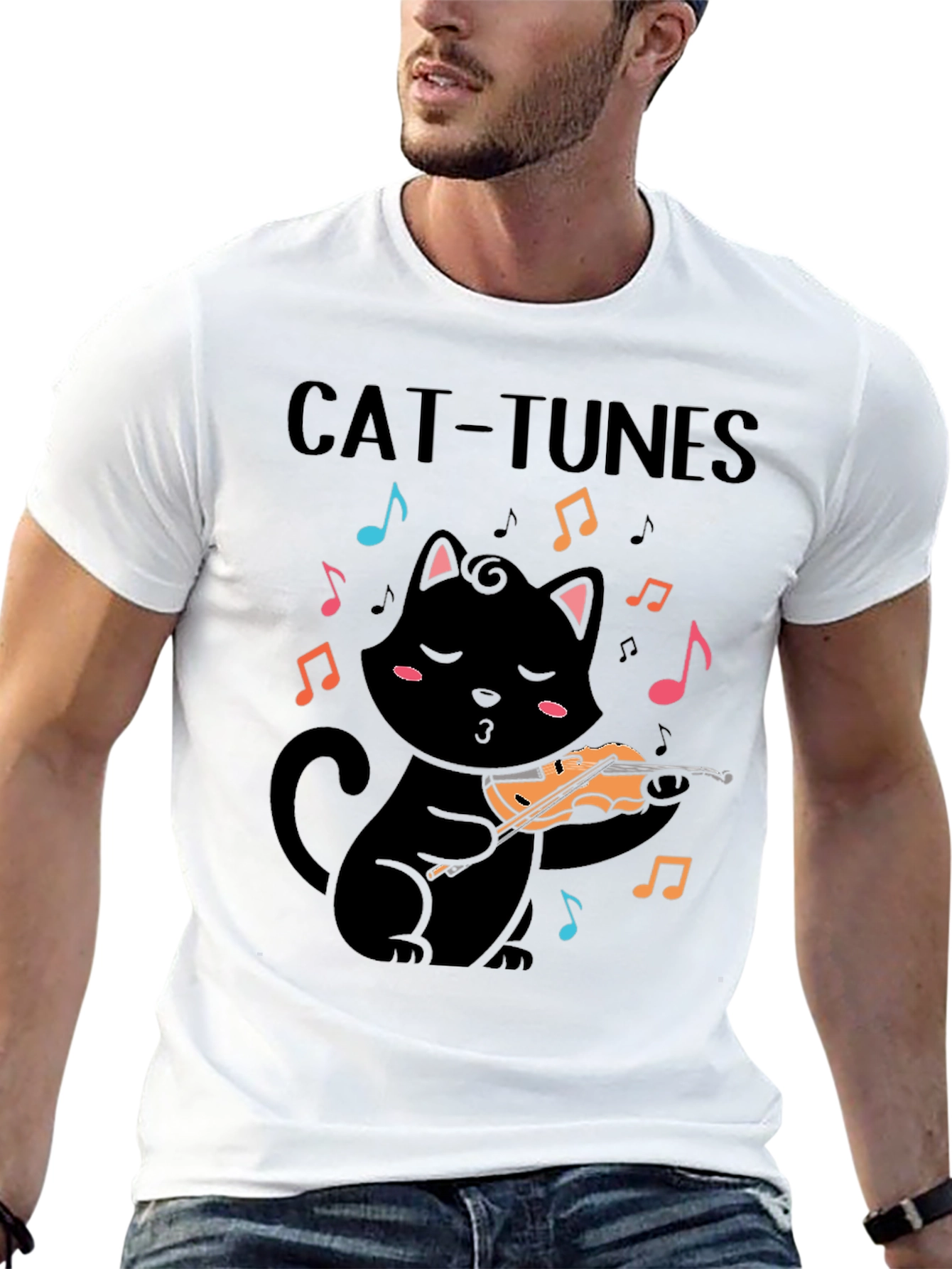 Cat-Tunes Black T-Shirt: Feline Violinist