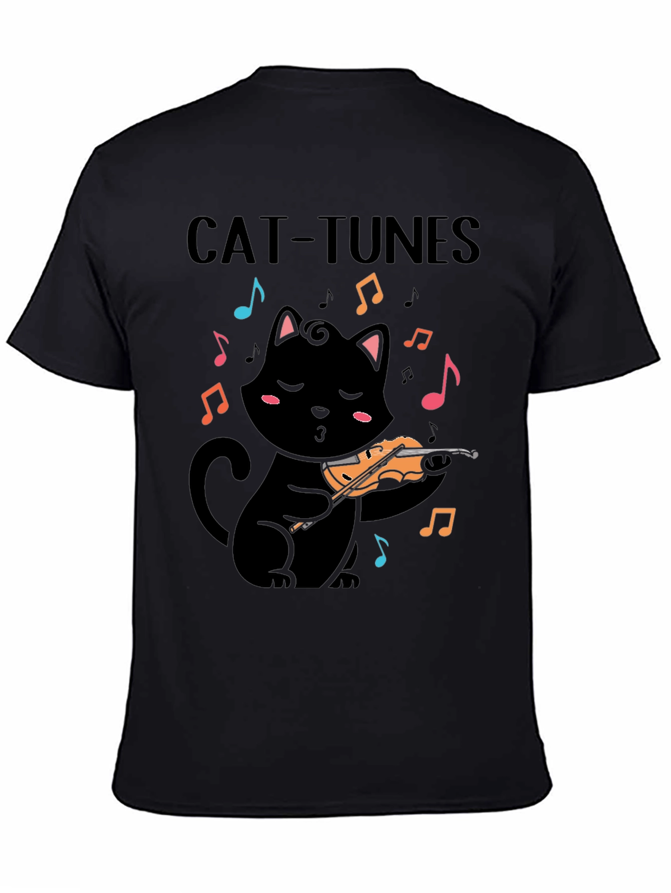 Cat-Tunes Black T-Shirt: Feline Violinist