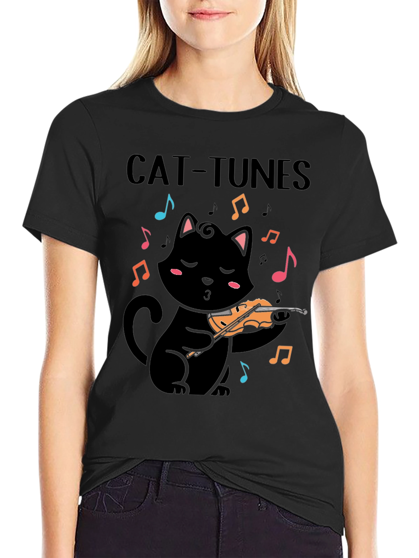 Cat-Tunes Black T-Shirt: Feline Violinist
