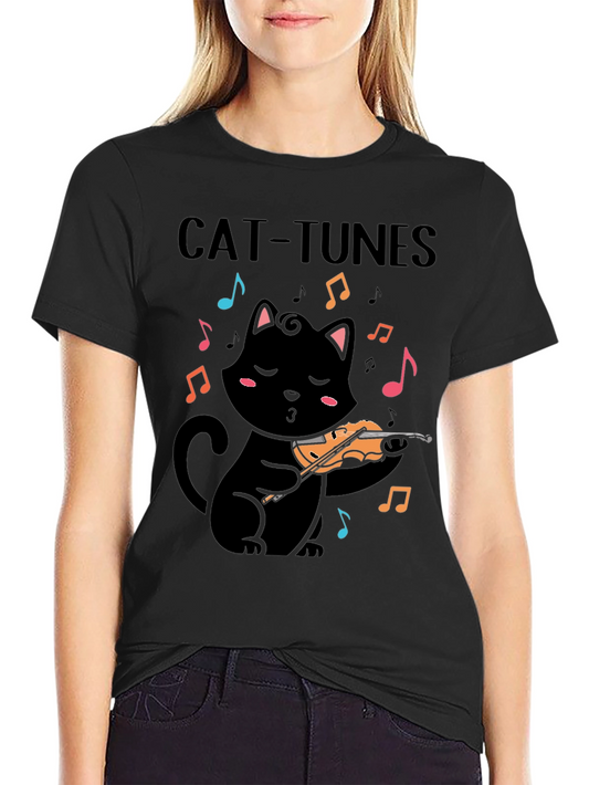 Cat-Tunes Black T-Shirt: Feline Violinist