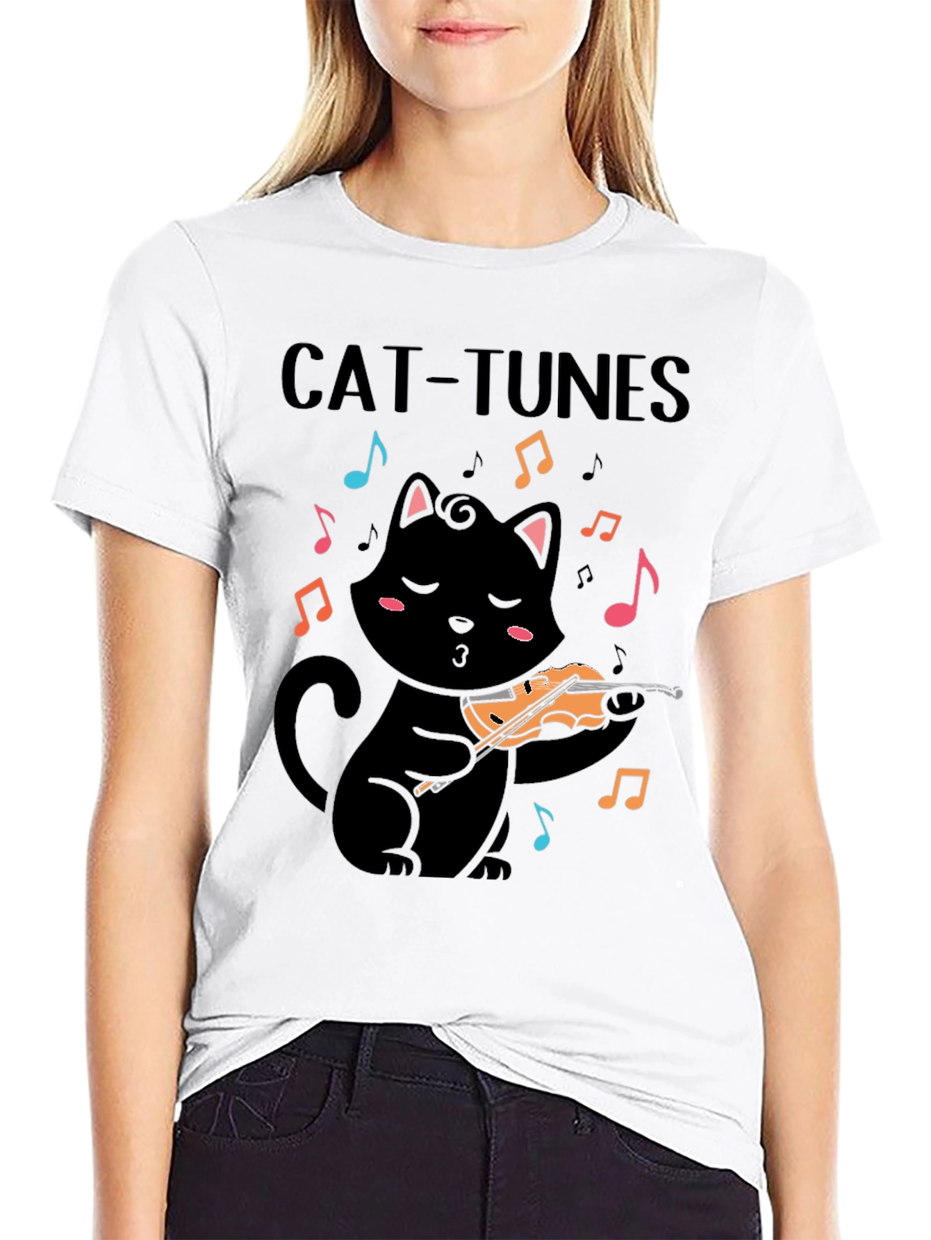 Cat-Tunes Black T-Shirt: Feline Violinist