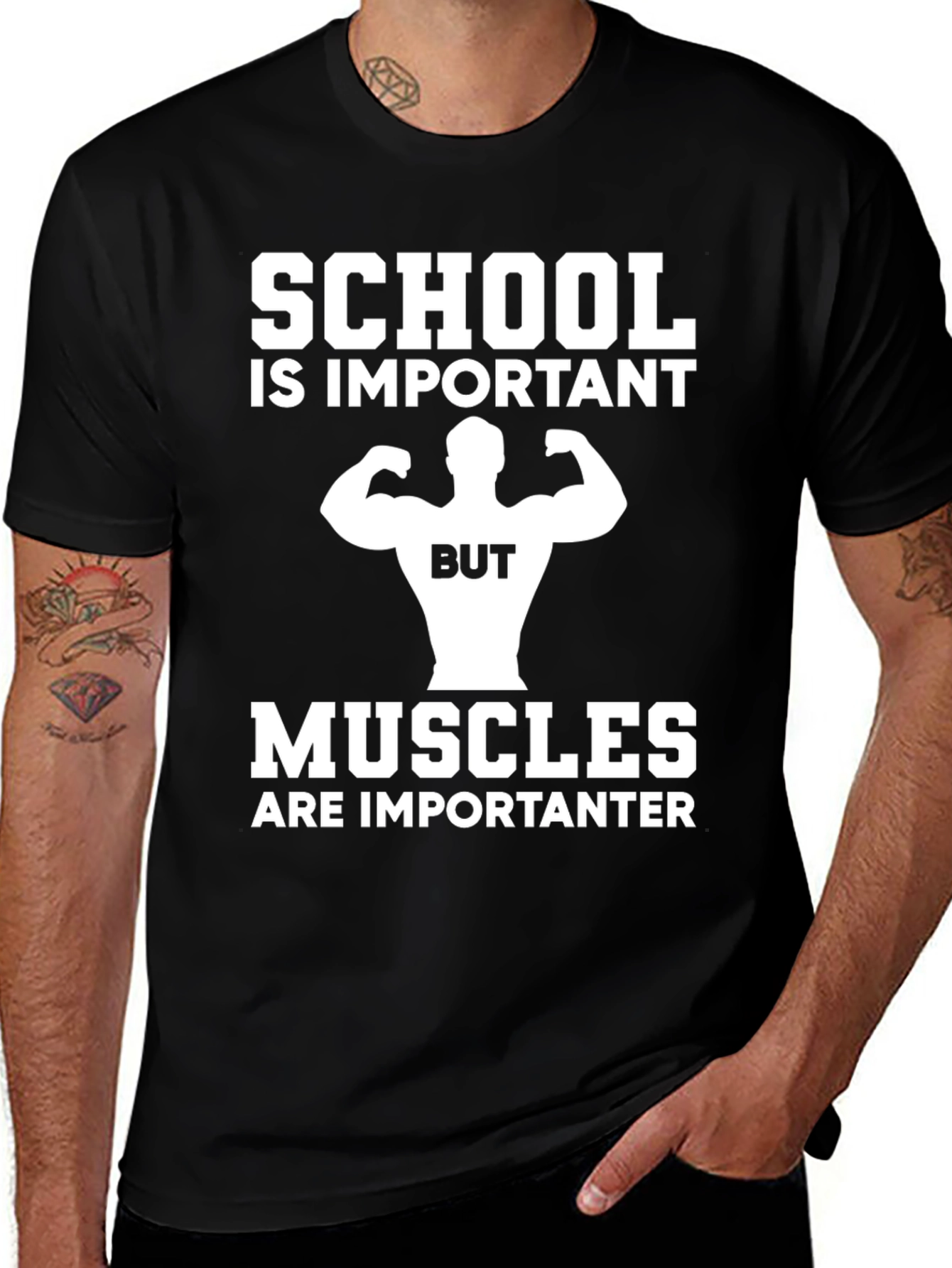 School vs Muscles Graphic T-Shirt - Black
